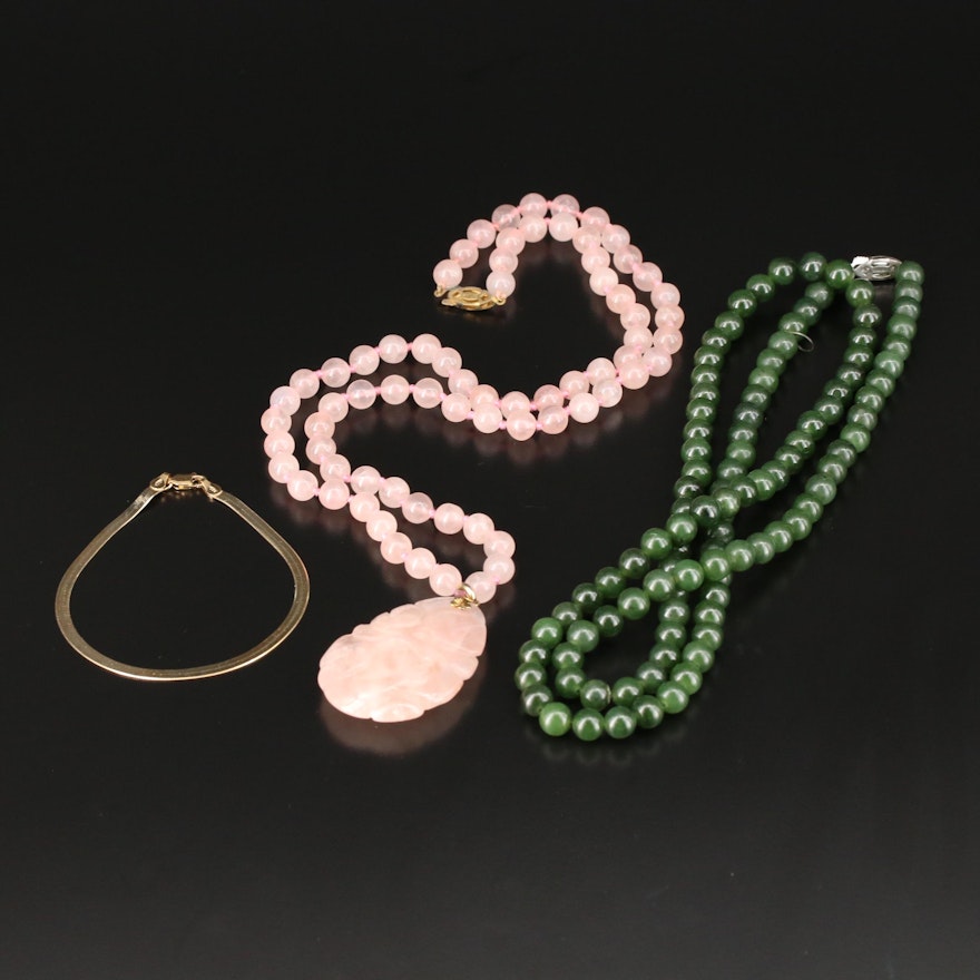 Sterling Herringbone Chain Braclet with Rose Quartz and Nephrite Necklaces
