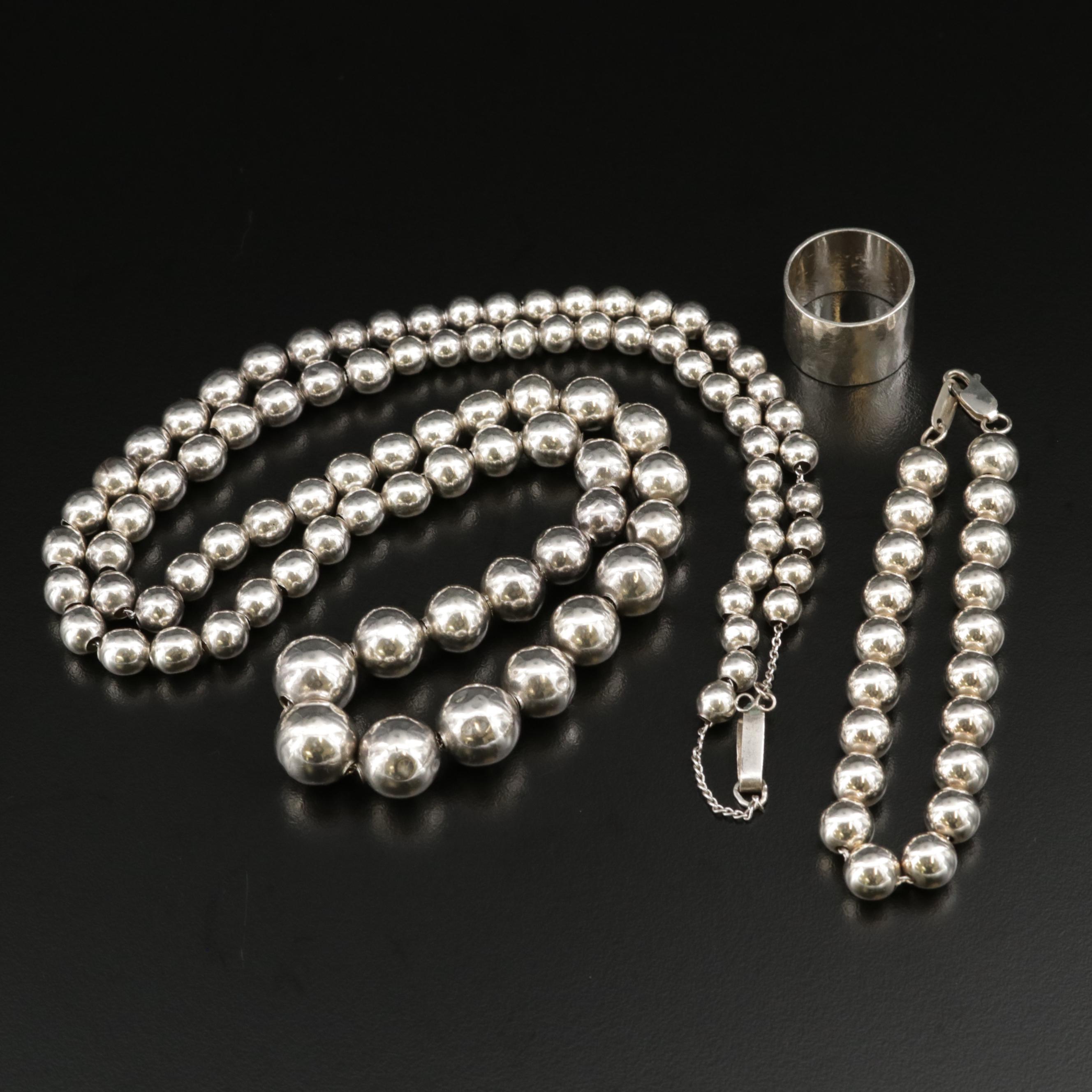 Sterling Silver Bead Bracelet and Necklace With Hammered Ring