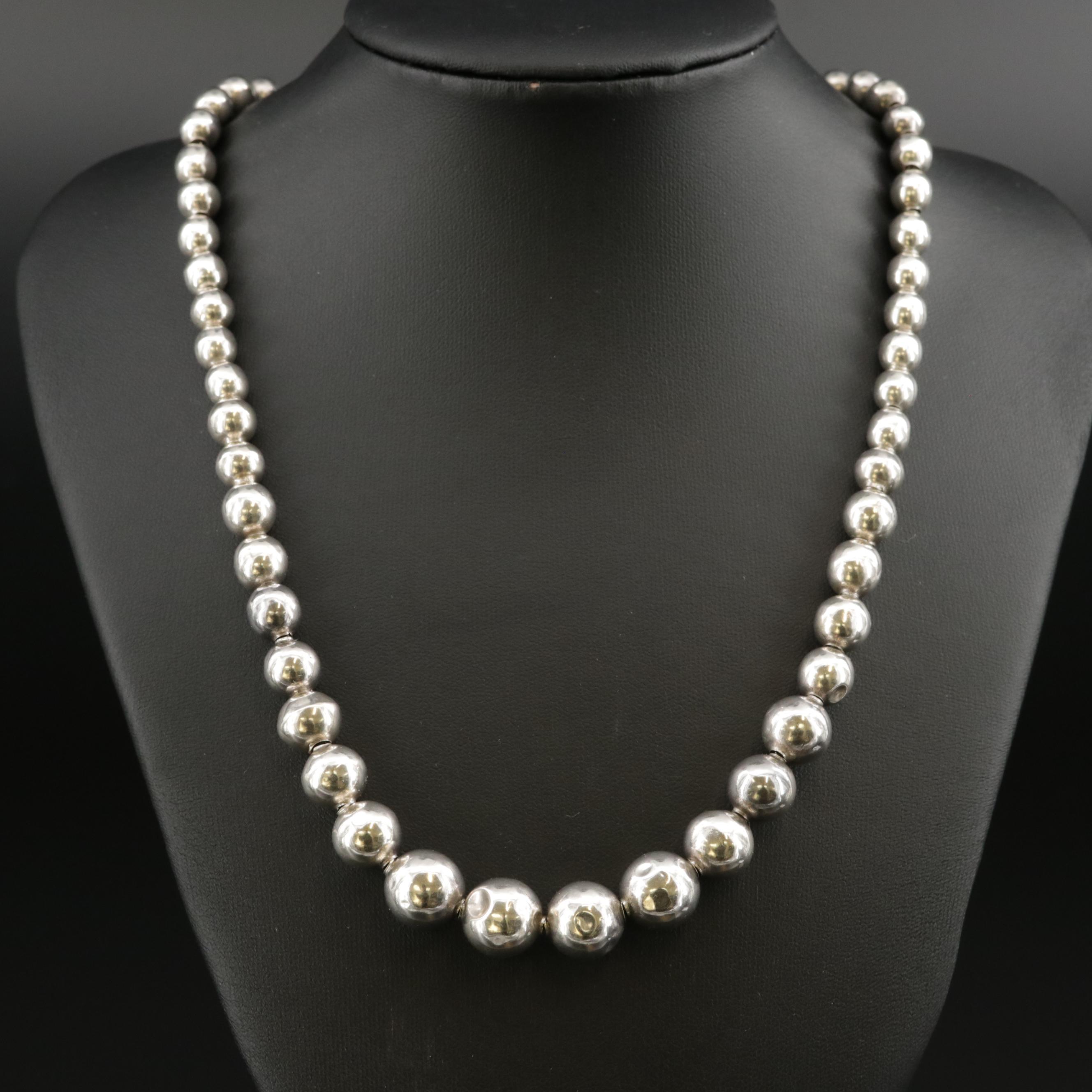 Sterling Silver Bead Bracelet and Necklace With Hammered Ring