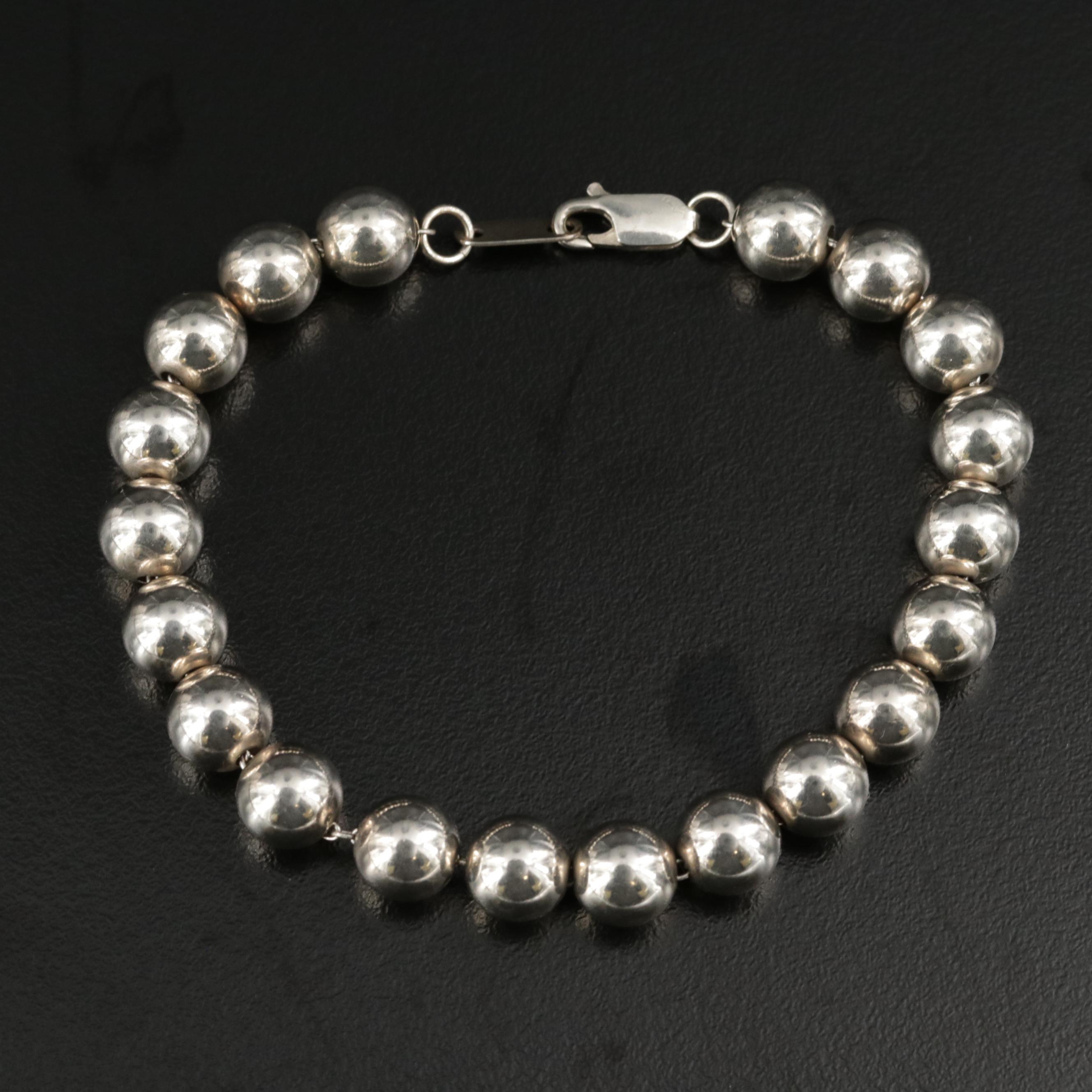 Sterling Silver Bead Bracelet and Necklace With Hammered Ring