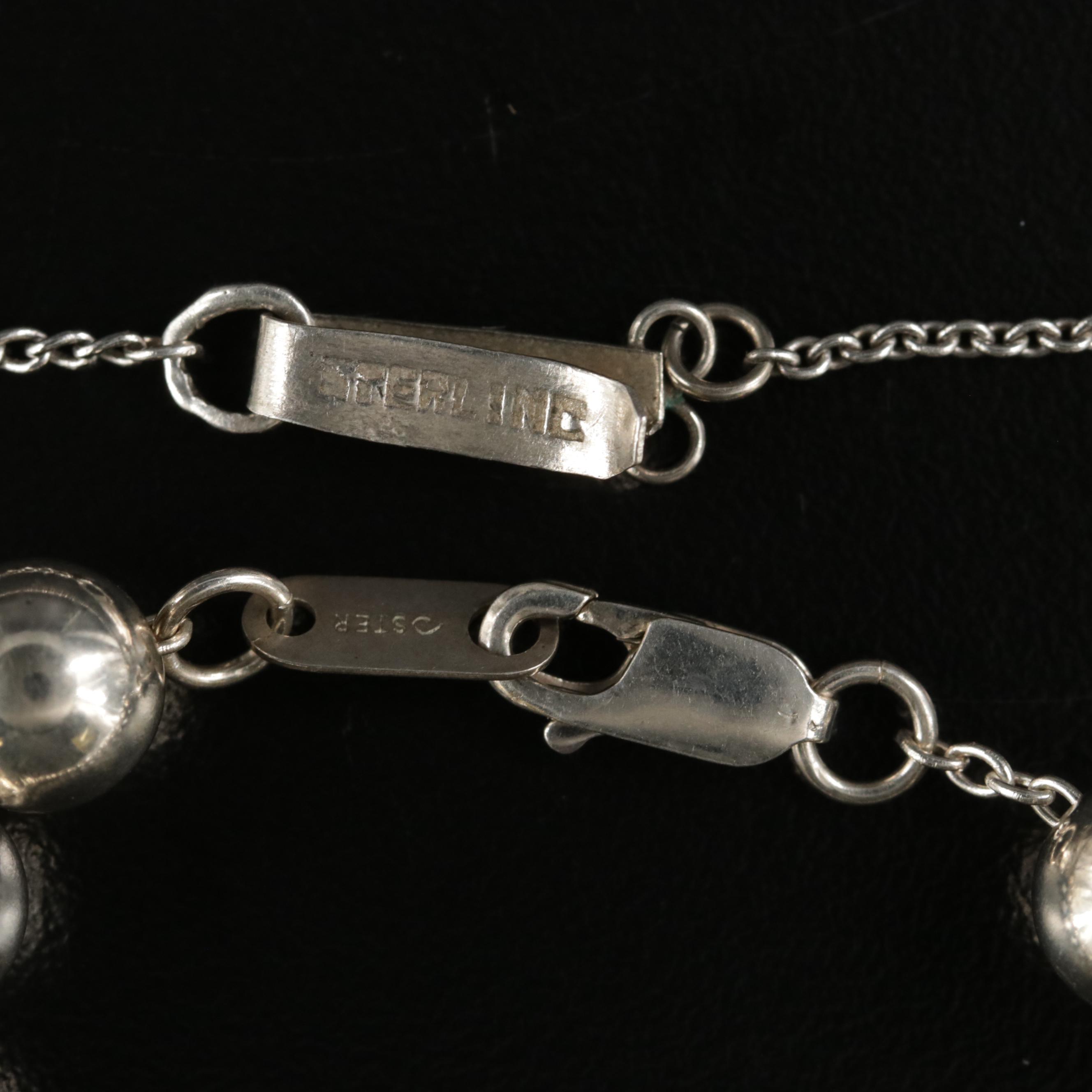 Sterling Silver Bead Bracelet and Necklace With Hammered Ring