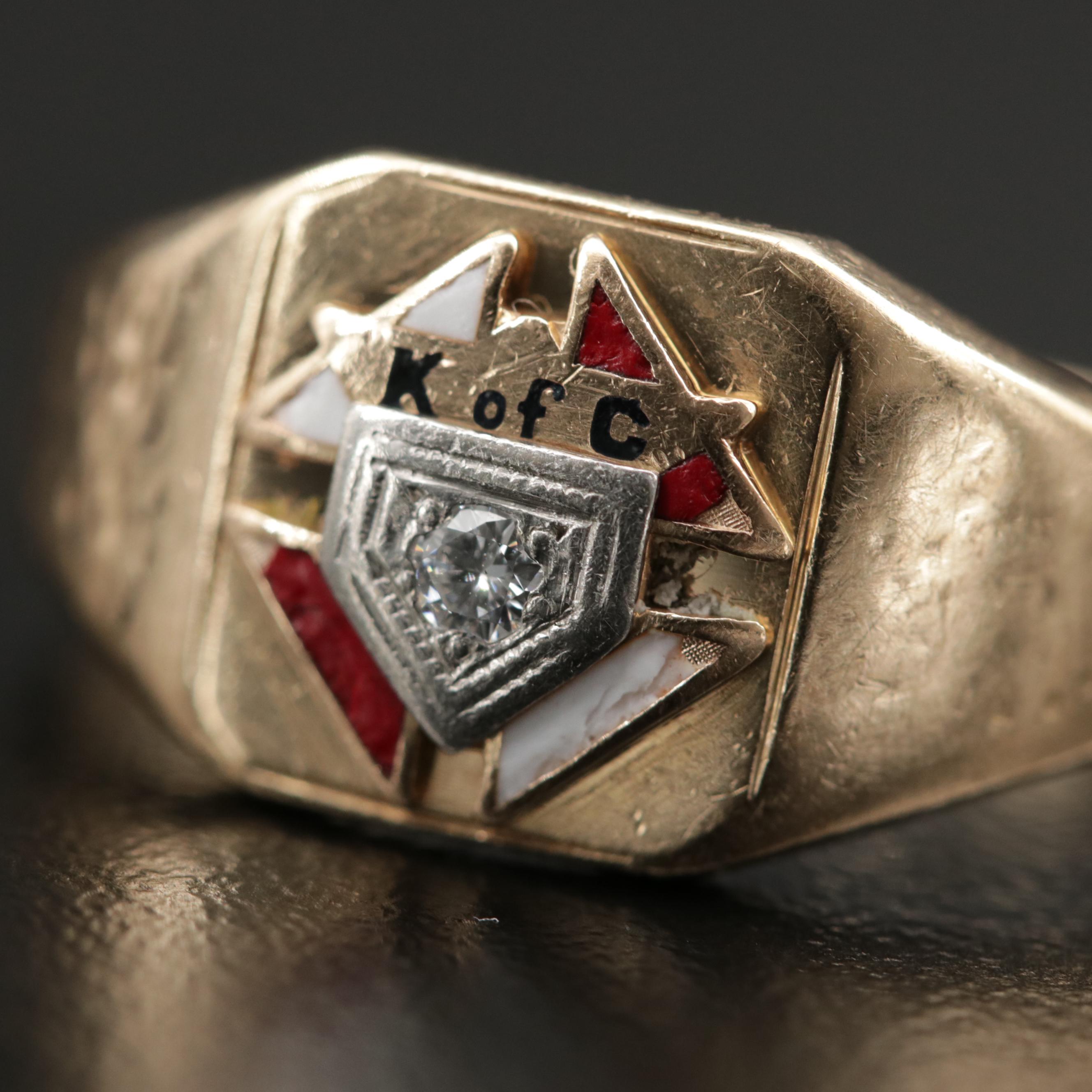 Vintage 10K Yellow Gold  Diamond Knights of Columbus Ring