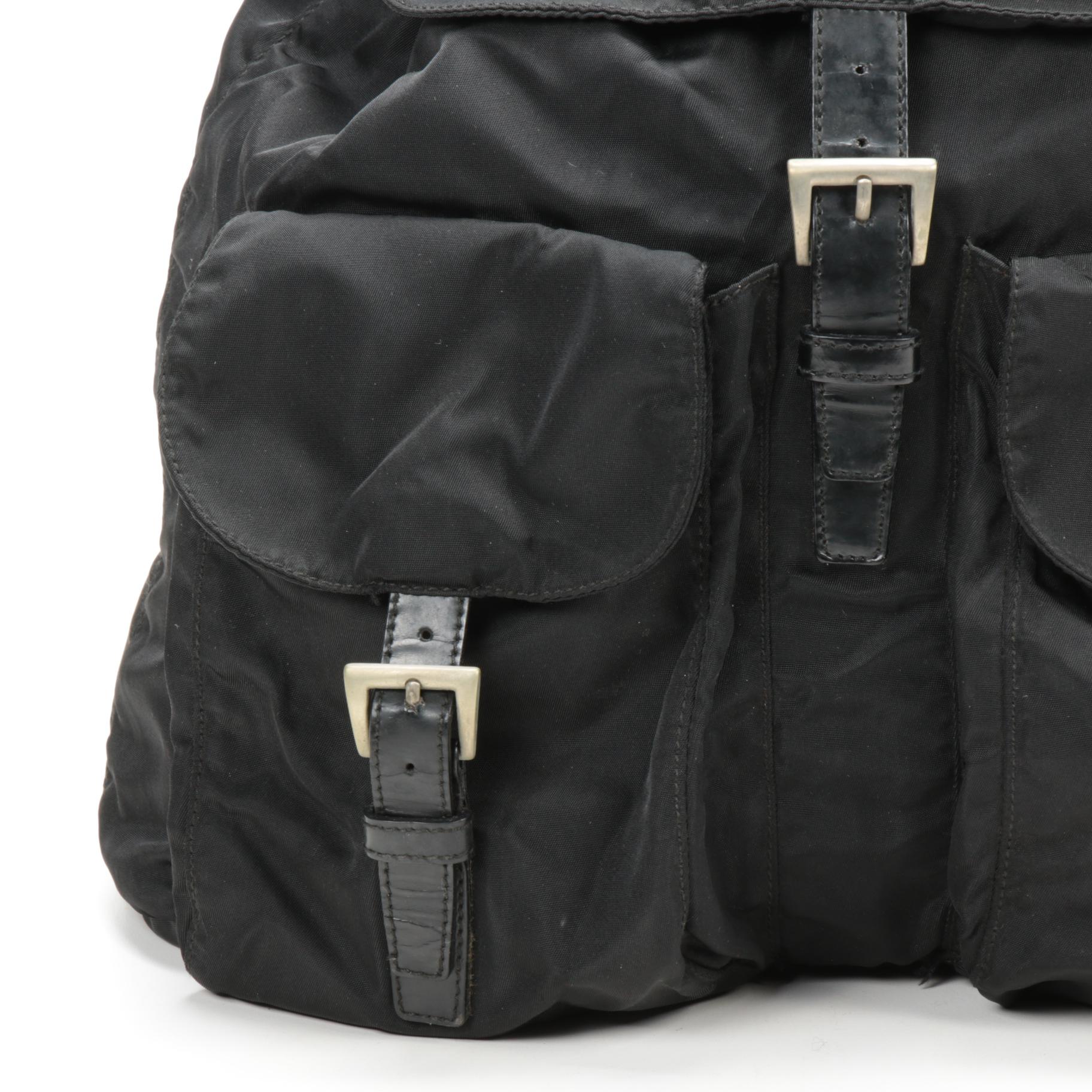Prada Black Tessuto Nylon and Leather Backpack Purse