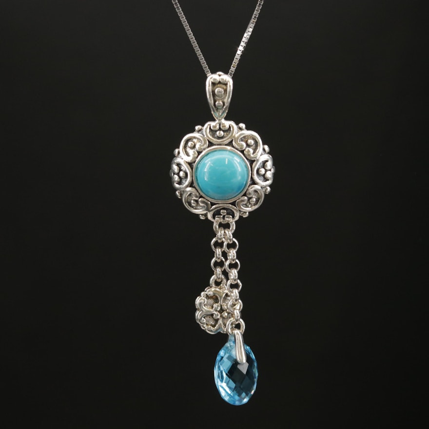 Sterling Silver Topaz and Turquoise Drop Pendant Necklace