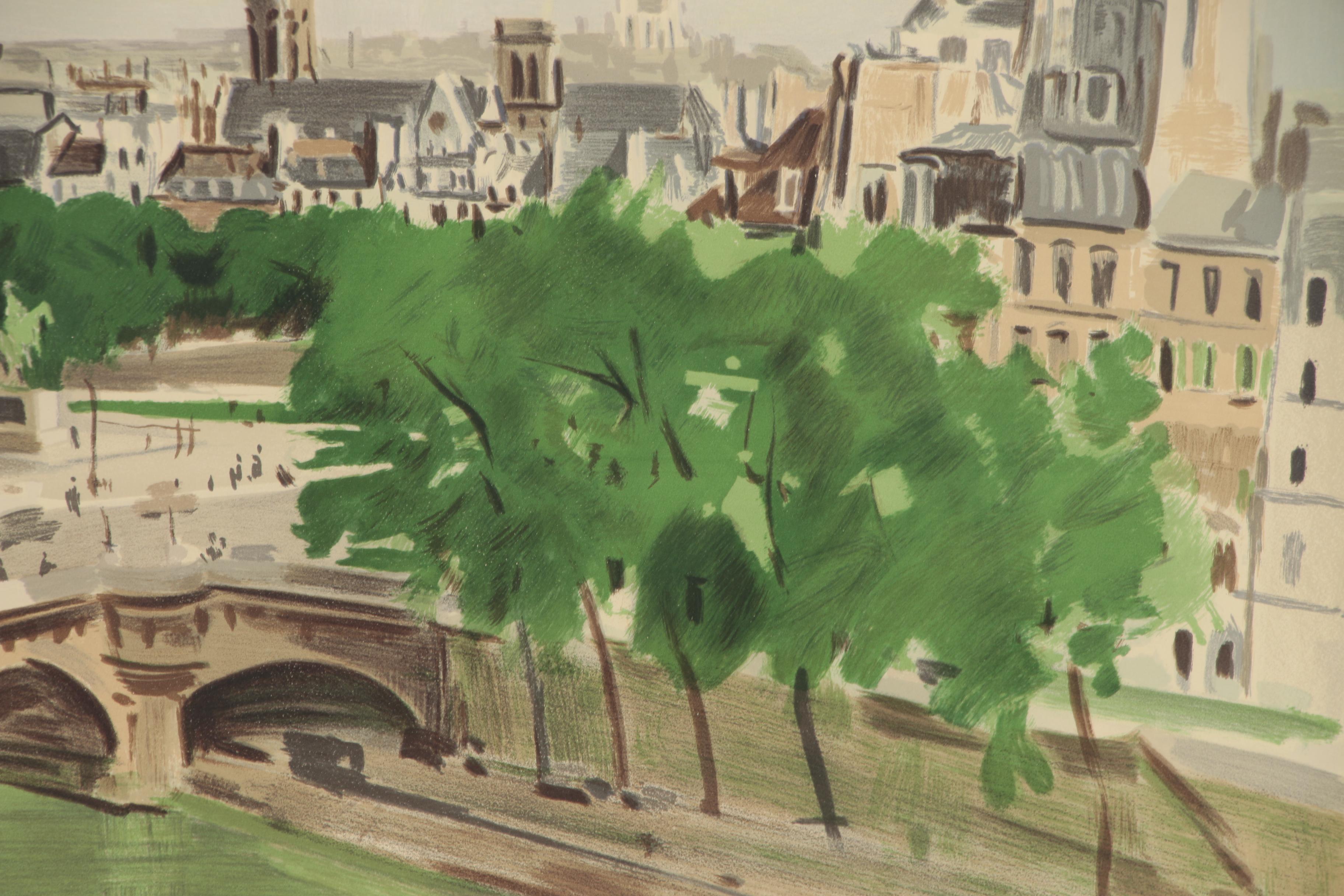 Constant Le Breton Color Lithograph of French Cityscape