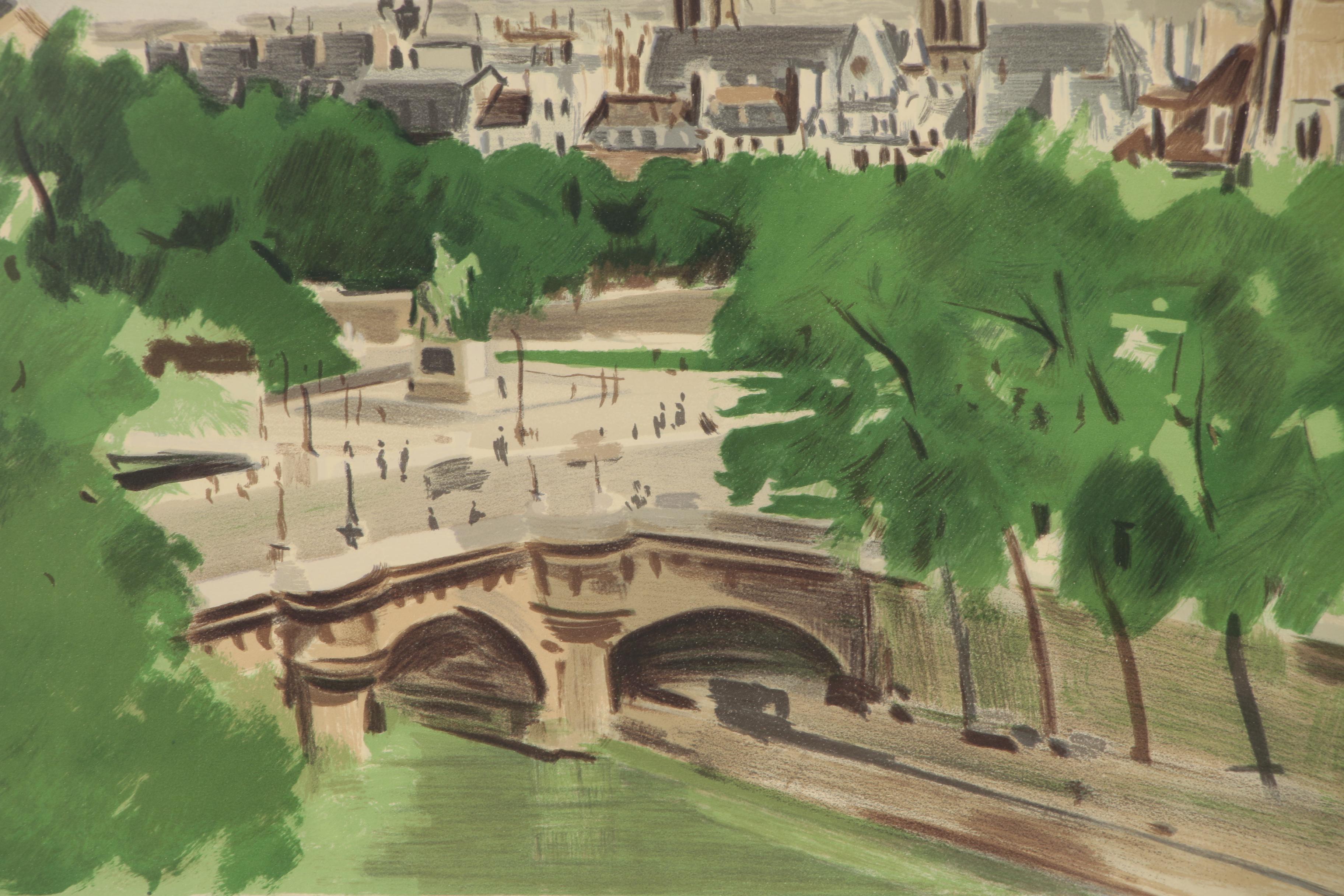 Constant Le Breton Color Lithograph of French Cityscape