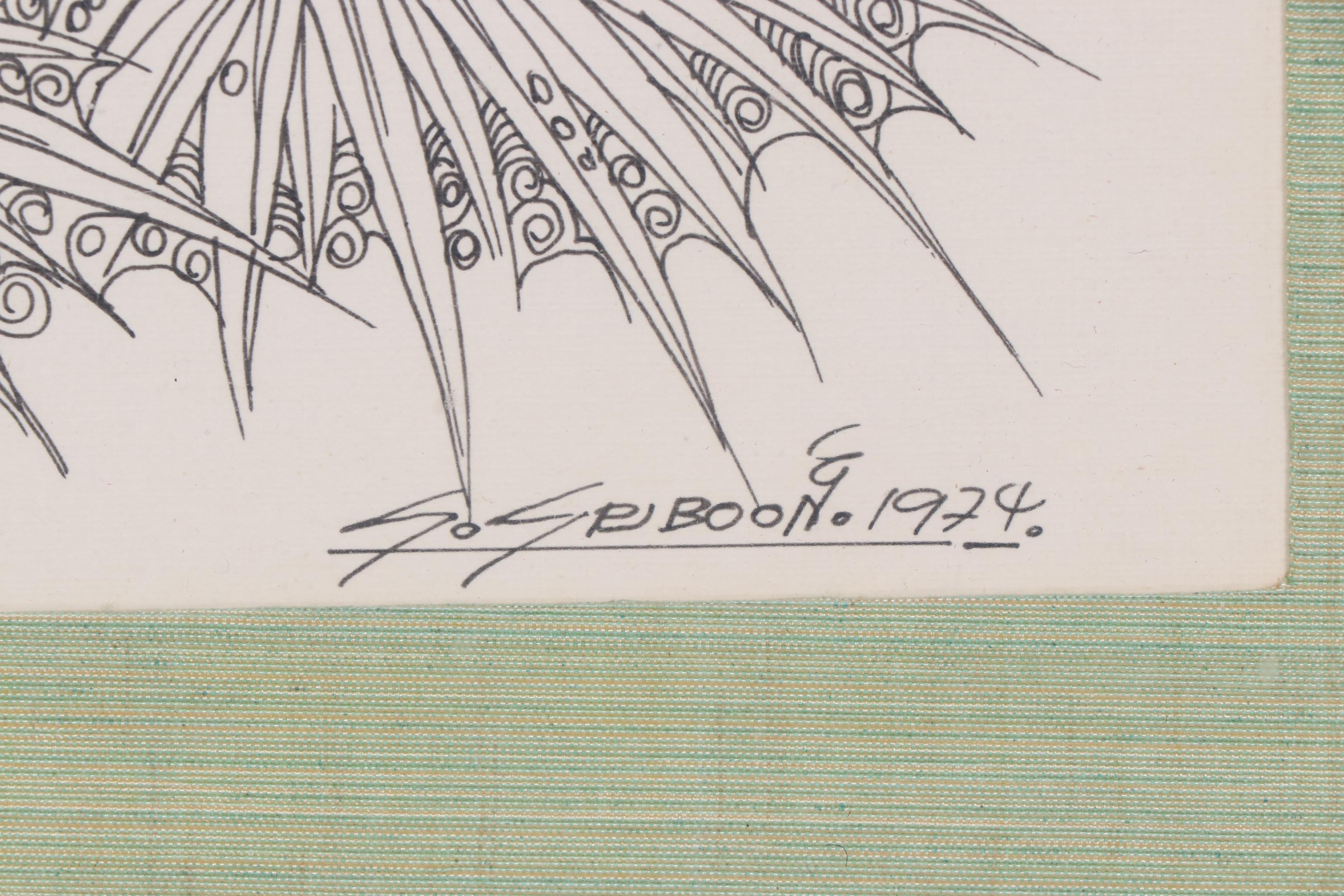 Sriboon Sanong Ink Drawing of Market Scene with Women and Horse, 1974