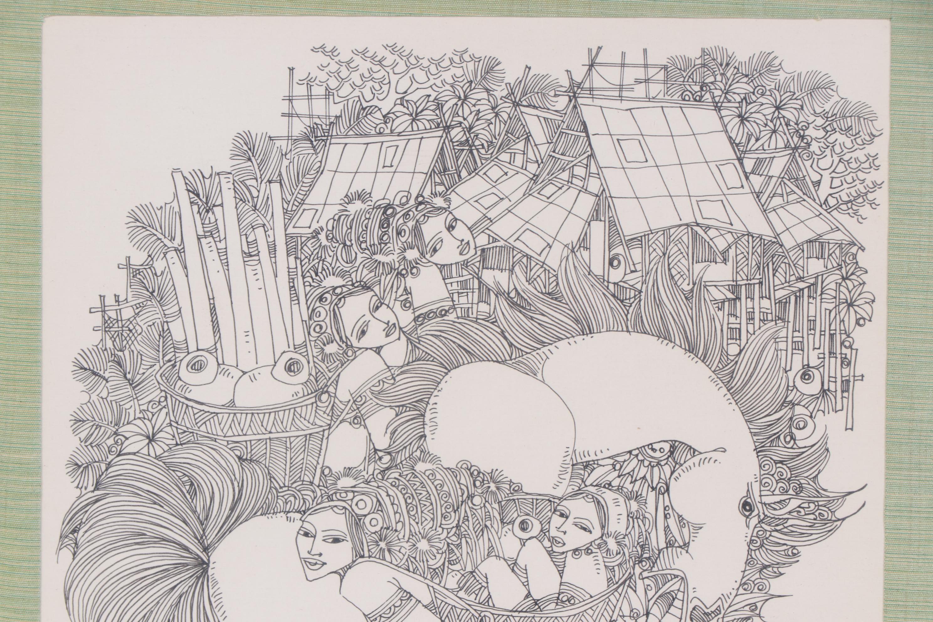 Sriboon Sanong Ink Drawing of Market Scene with Women and Horse, 1974