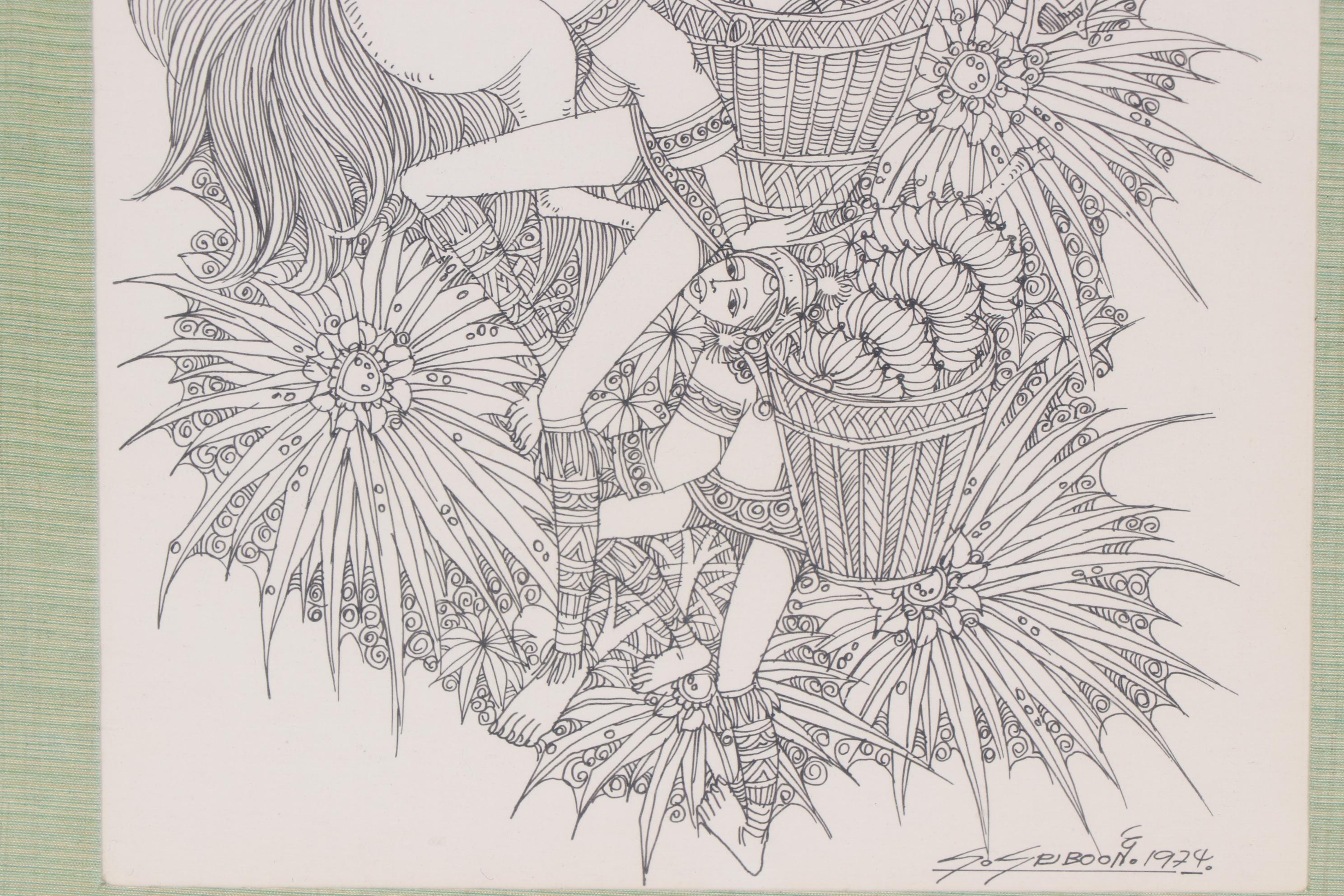 Sriboon Sanong Ink Drawing of Market Scene with Women and Horse, 1974