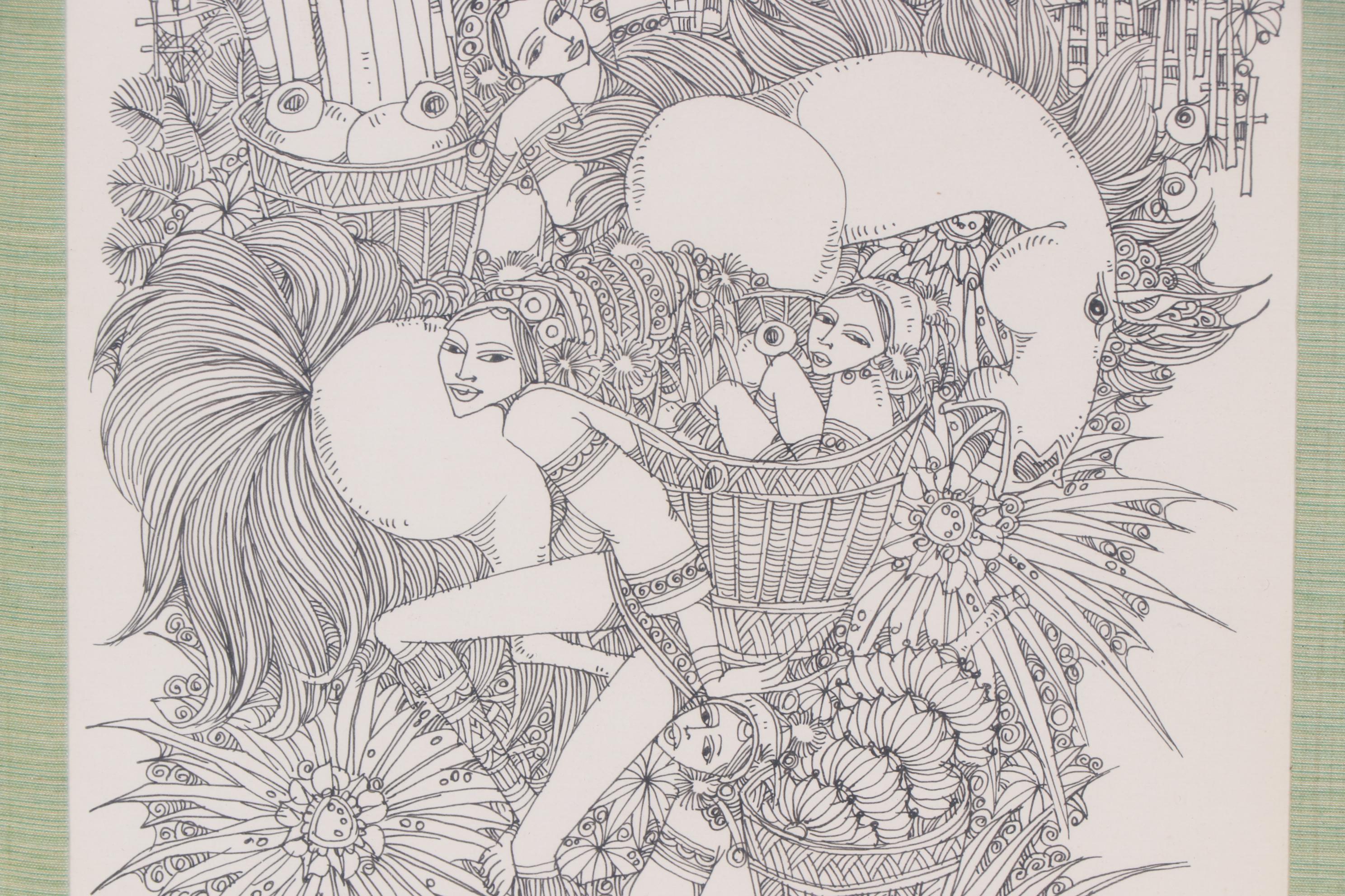 Sriboon Sanong Ink Drawing of Market Scene with Women and Horse, 1974