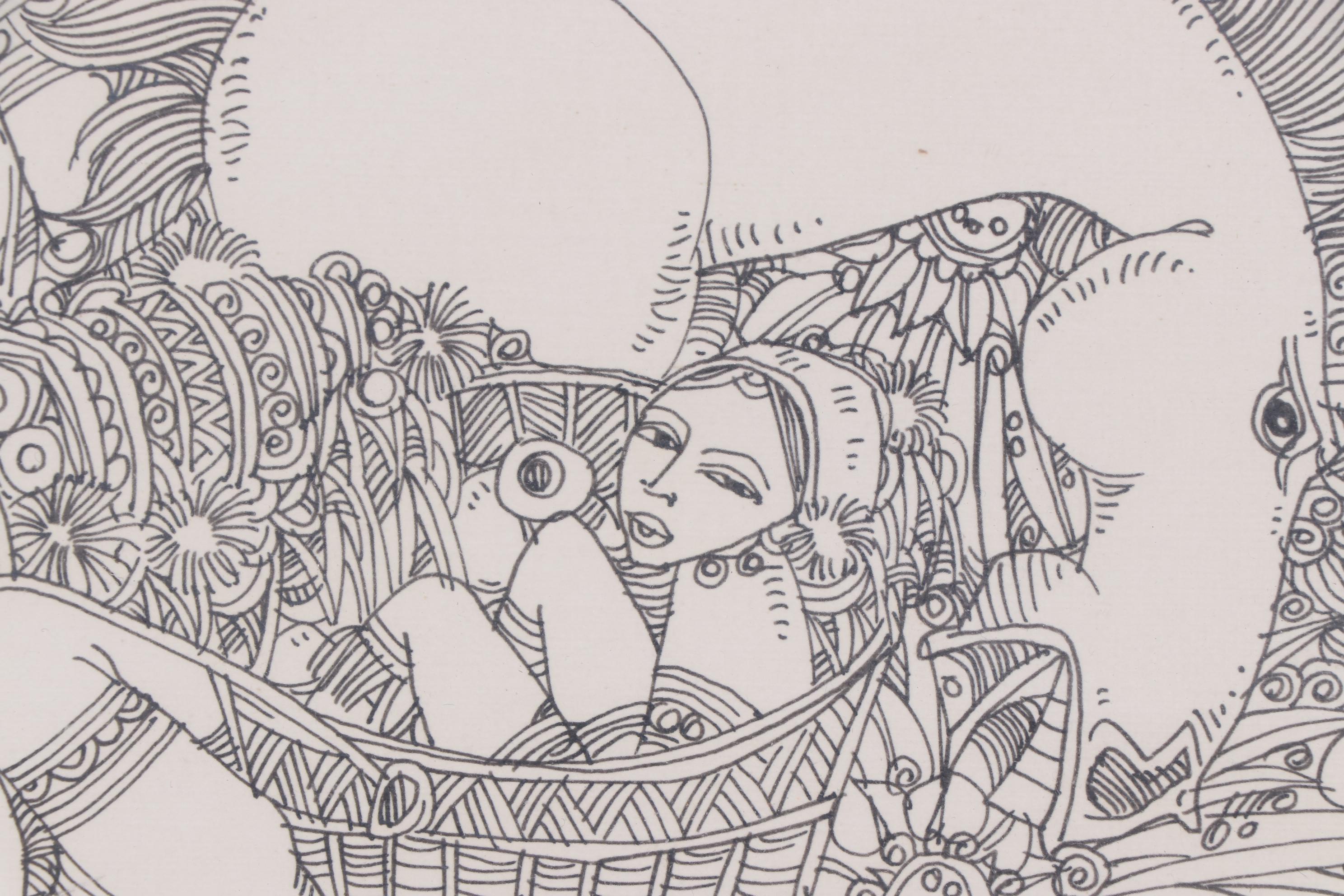 Sriboon Sanong Ink Drawing of Market Scene with Women and Horse, 1974