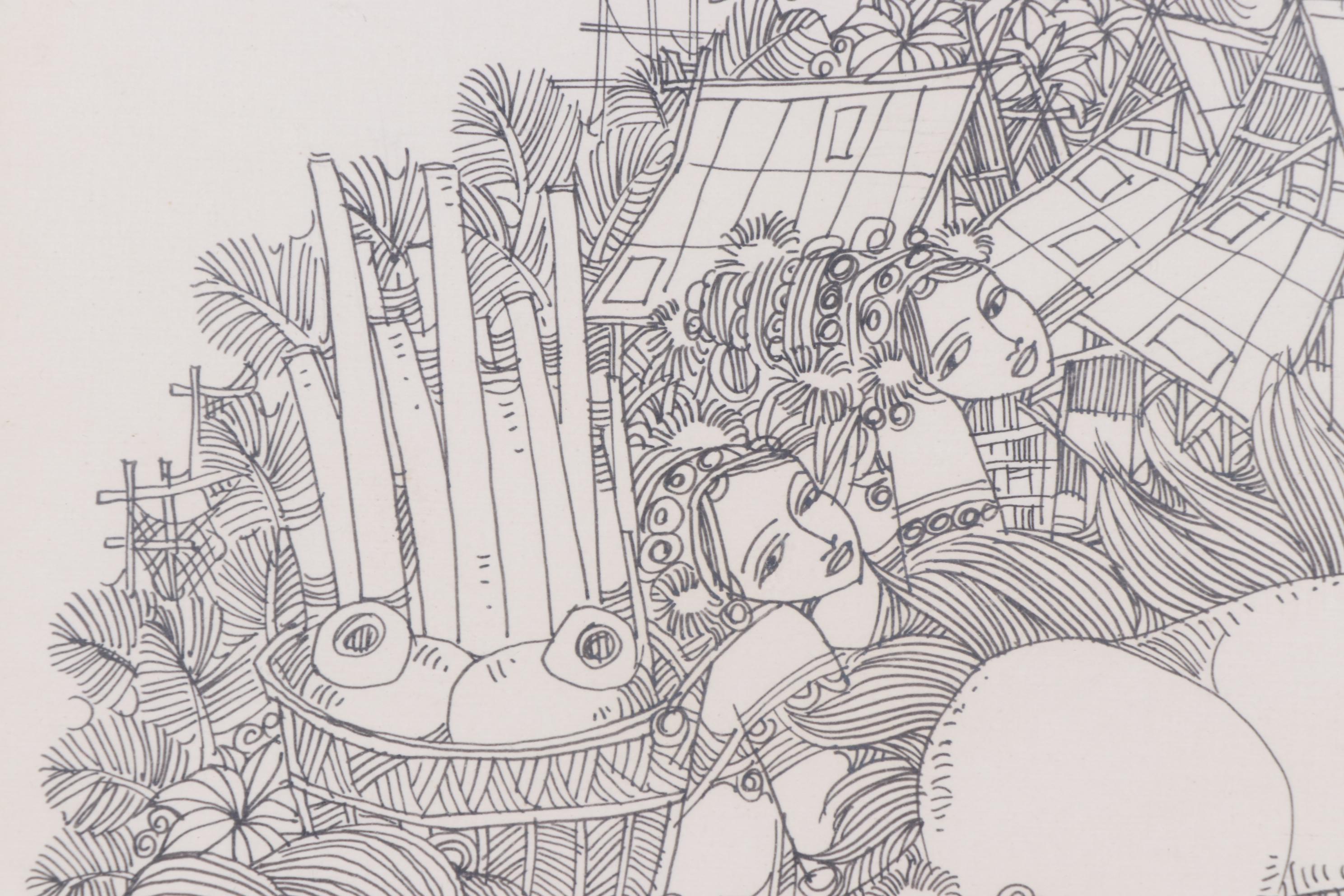 Sriboon Sanong Ink Drawing of Market Scene with Women and Horse, 1974