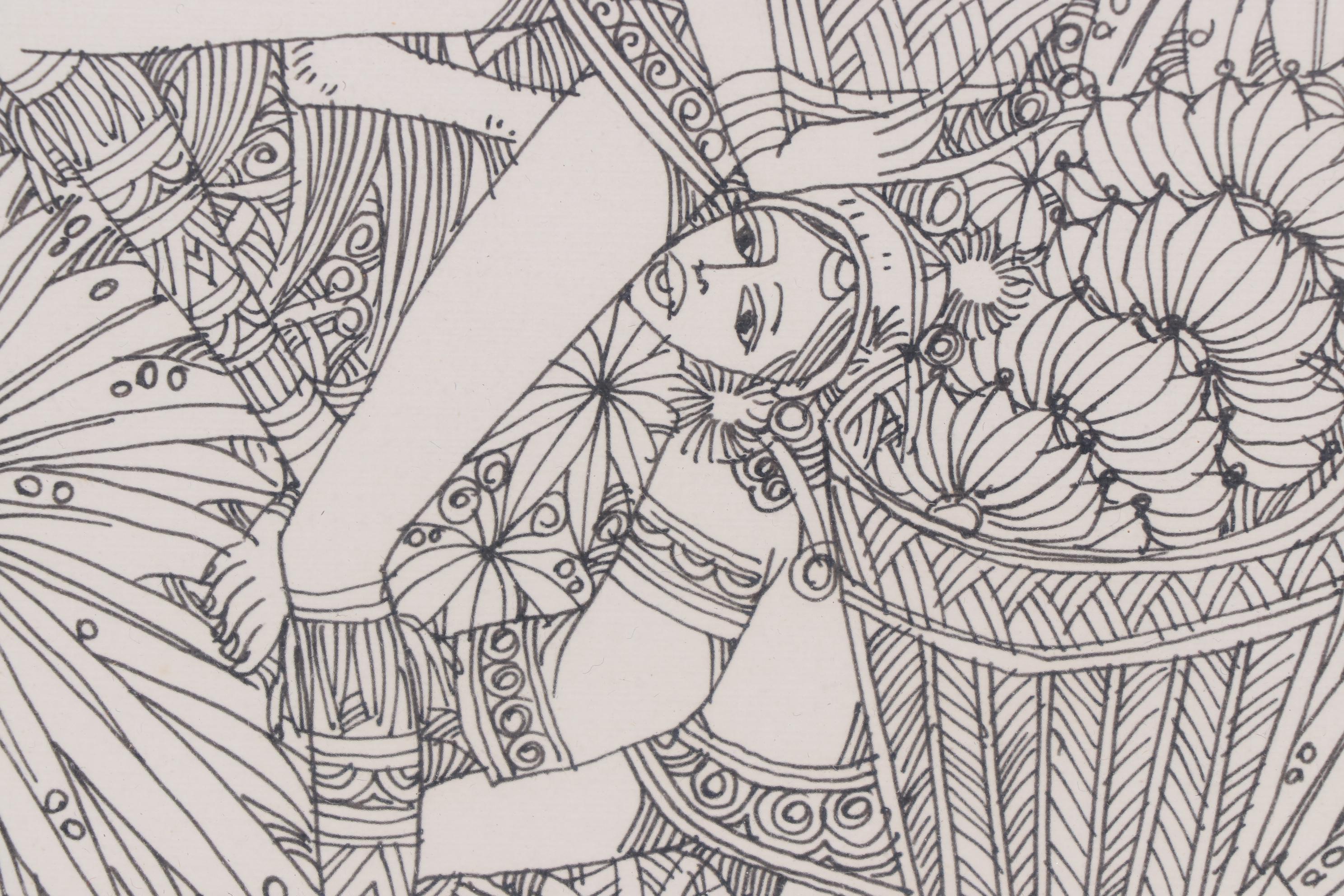 Sriboon Sanong Ink Drawing of Market Scene with Women and Horse, 1974