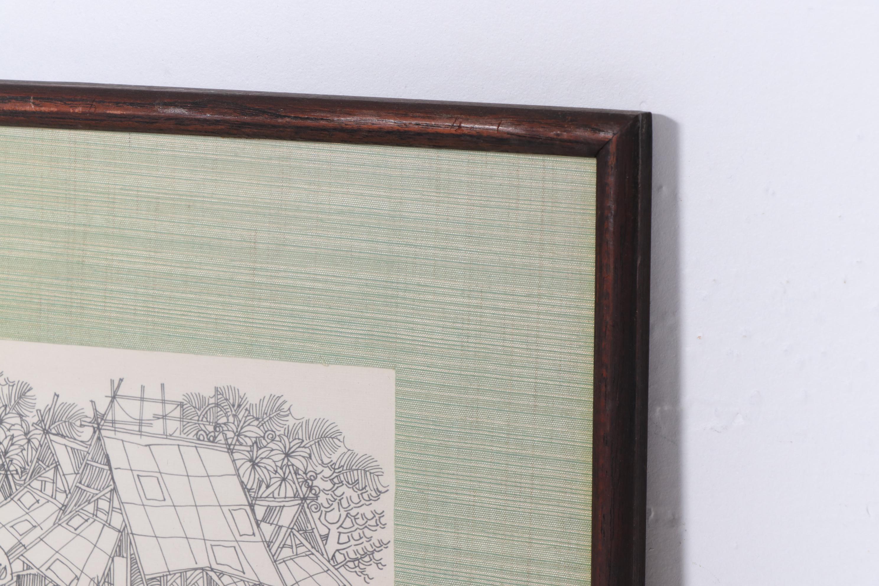 Sriboon Sanong Ink Drawing of Market Scene with Women and Horse, 1974