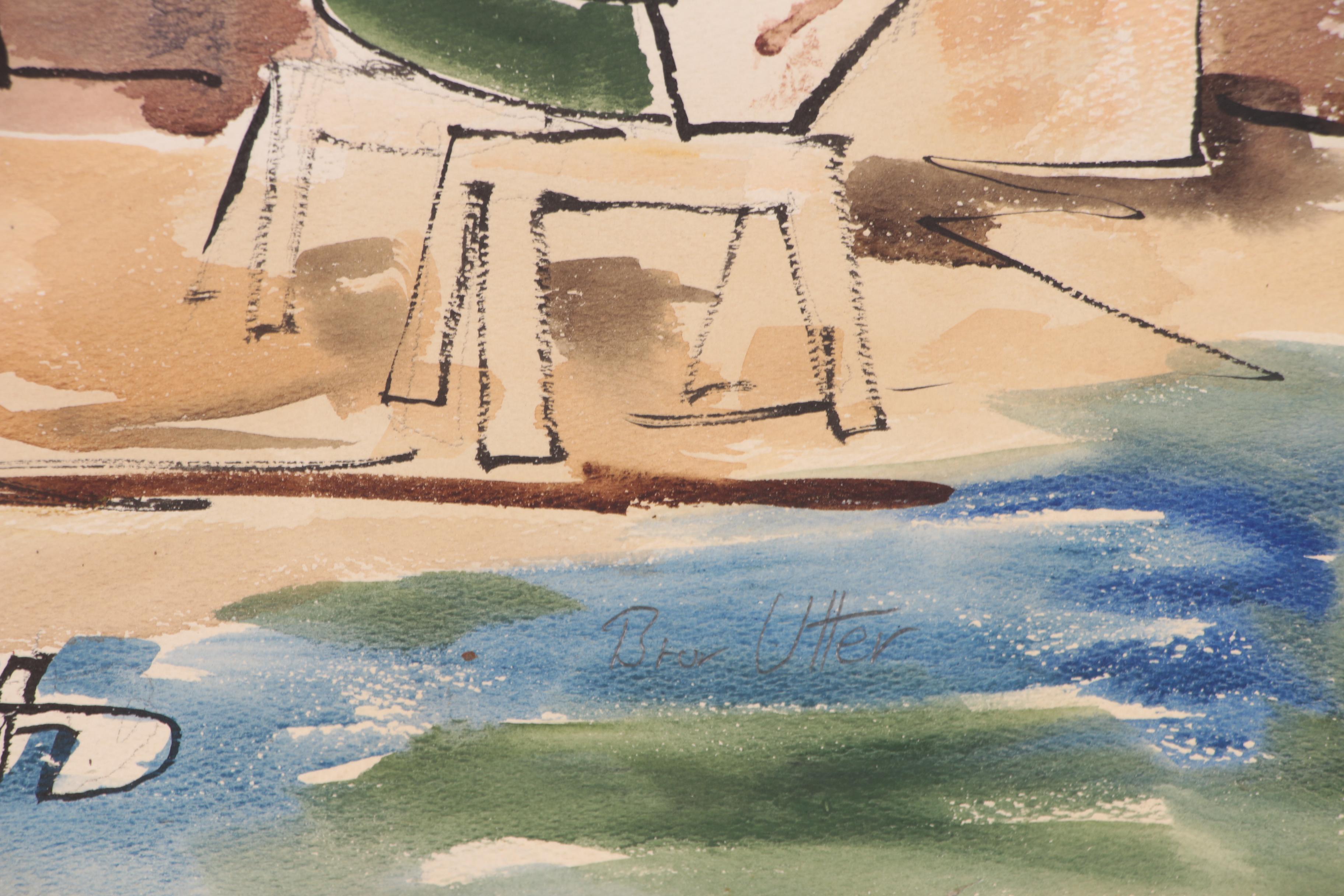 Bror Utter Modernist Canal Scene Watercolor Painting, Mid 20th Century