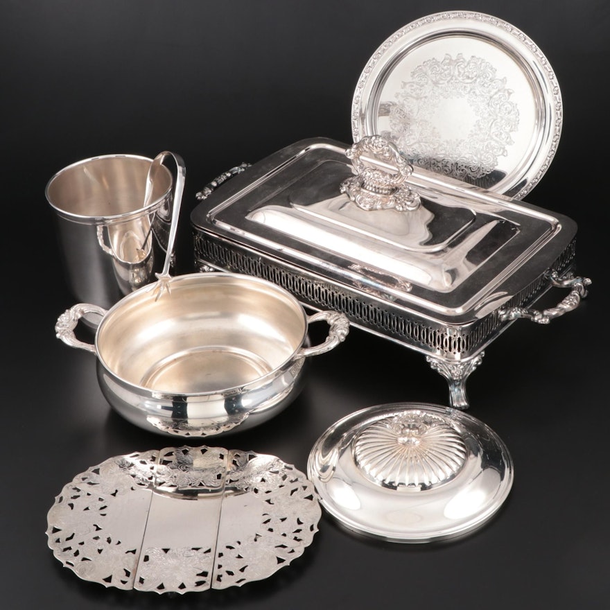 Silver Plate Ice Bucket with Tongs and Other Serveware