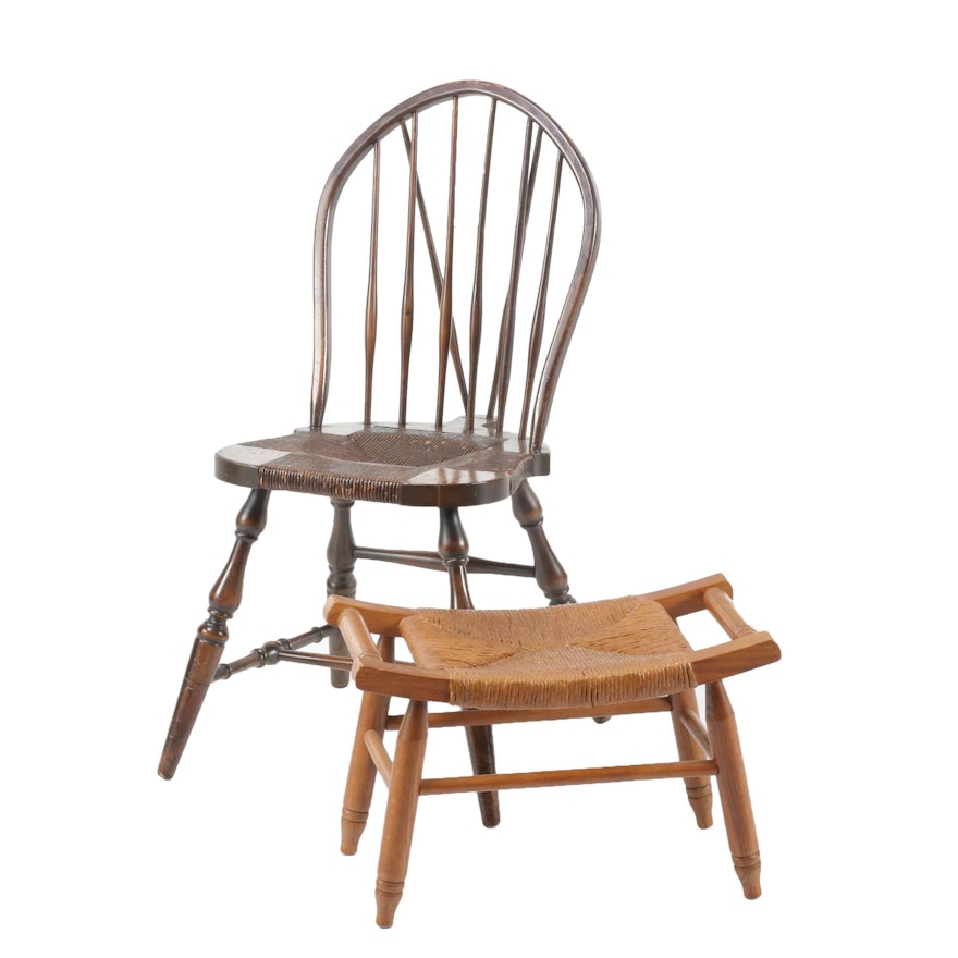American Colonial Style Rush Seat Chair and Oak Stool, Mid to Late 20th Century