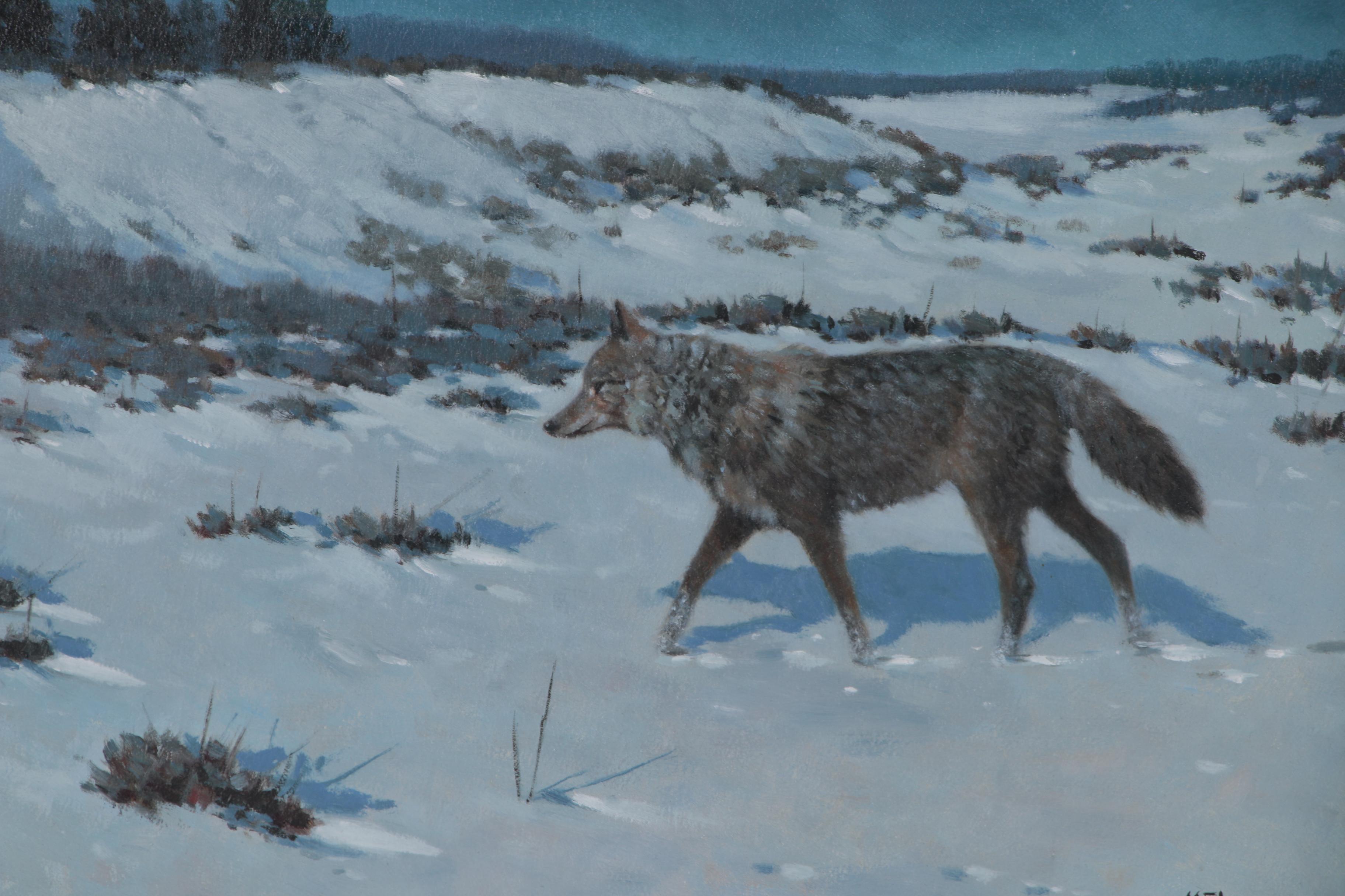 Mel Gerhold Oil Painting of Wolf in Winter Landscape "Silent Night"