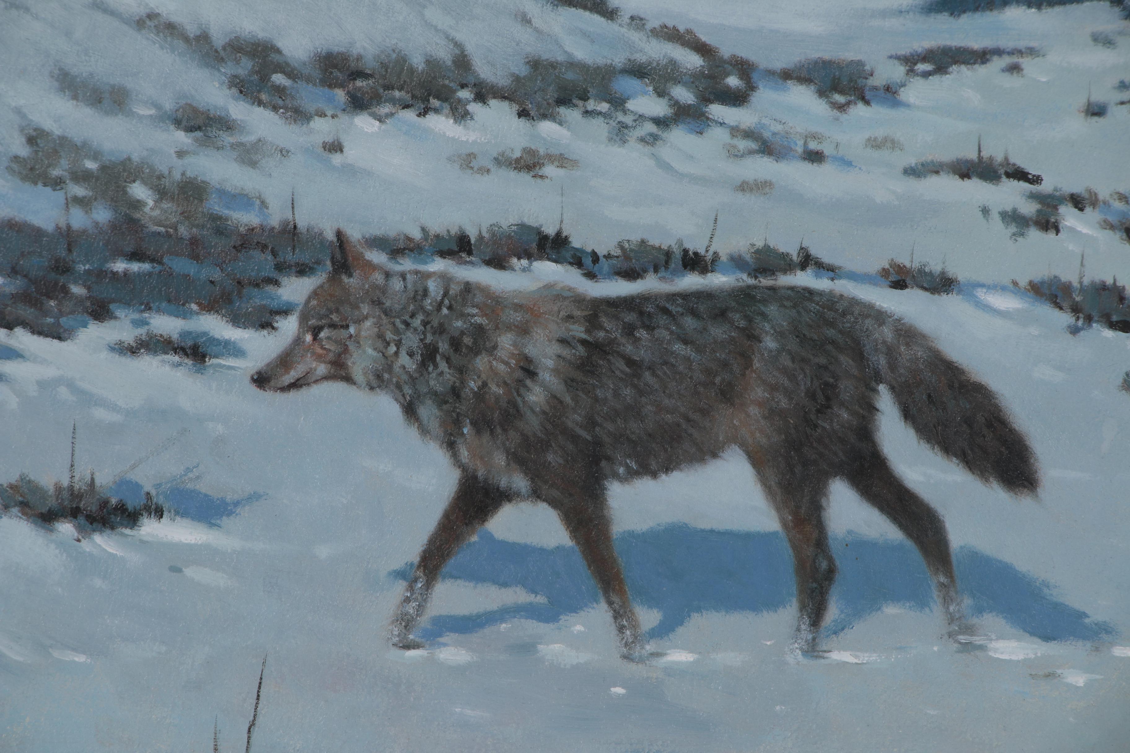 Mel Gerhold Oil Painting of Wolf in Winter Landscape "Silent Night"