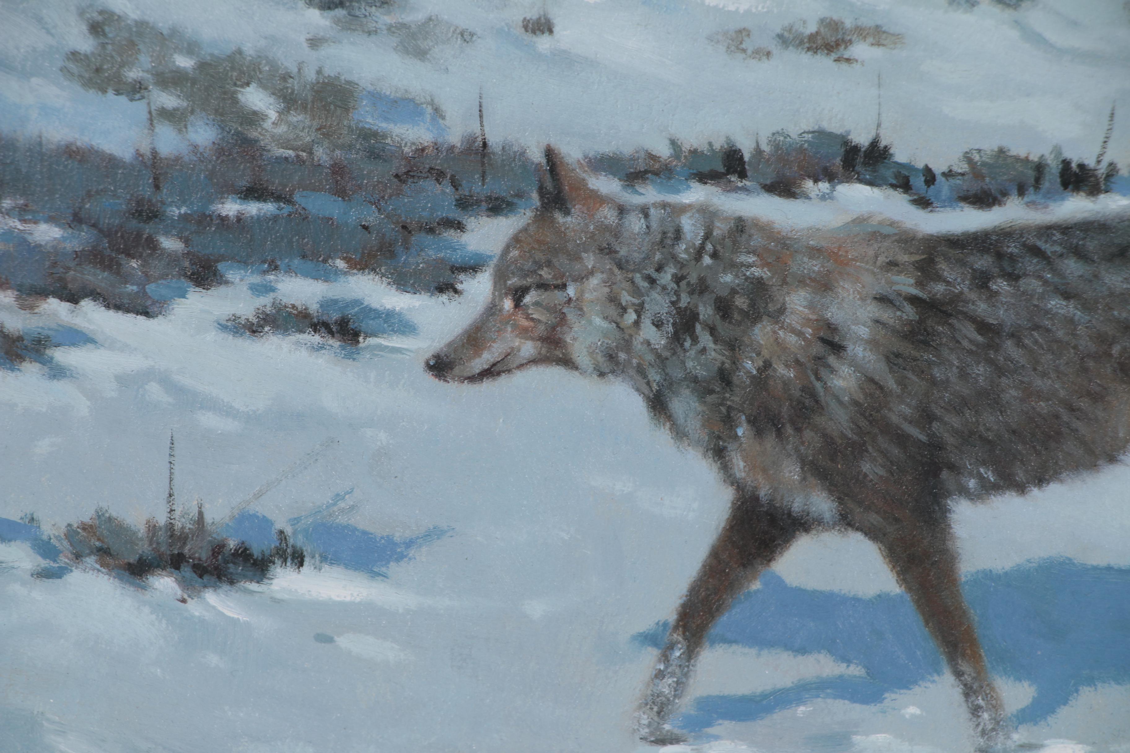 Mel Gerhold Oil Painting of Wolf in Winter Landscape "Silent Night"