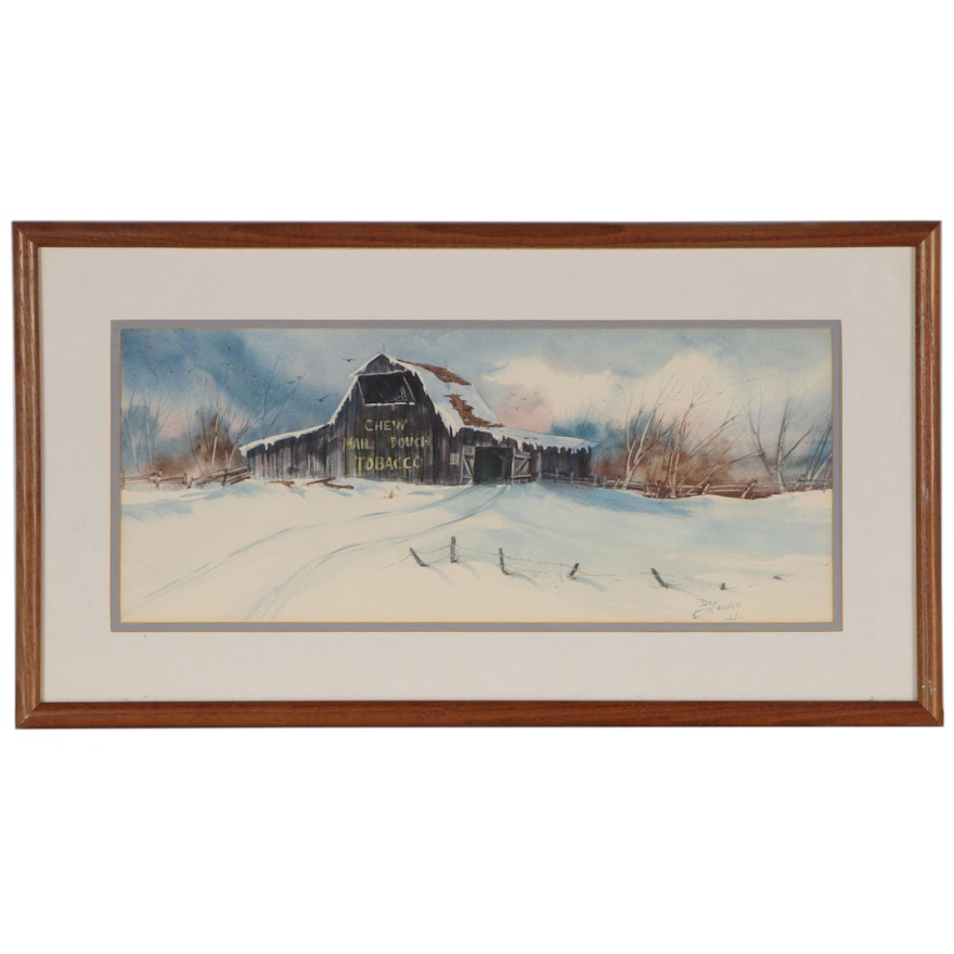 Winter Landscape Watercolor Painting, Late 20th century