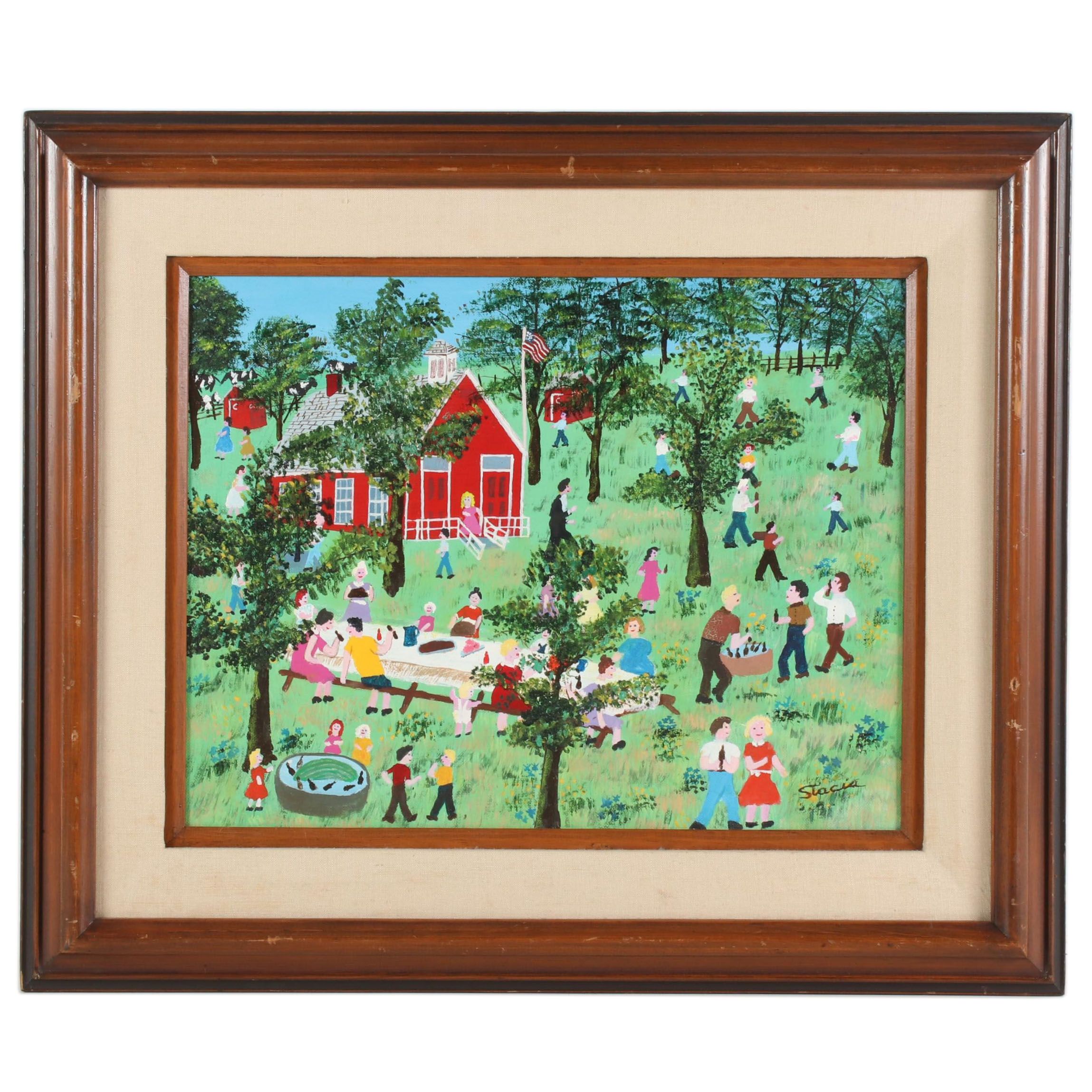 Stacia Lane Folk Art Acrylic Painting " Last Day of School Picnic", 1980