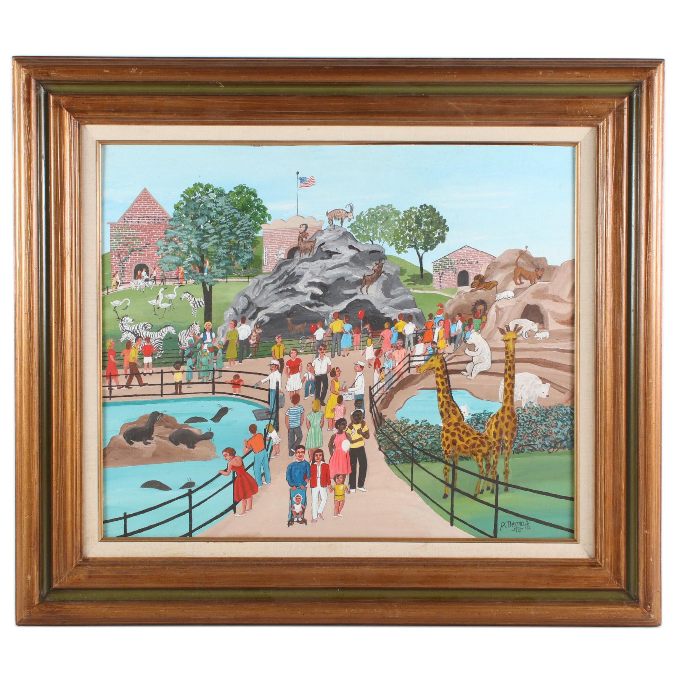Folk Art Acrylic Painting of a Zoo, 1978