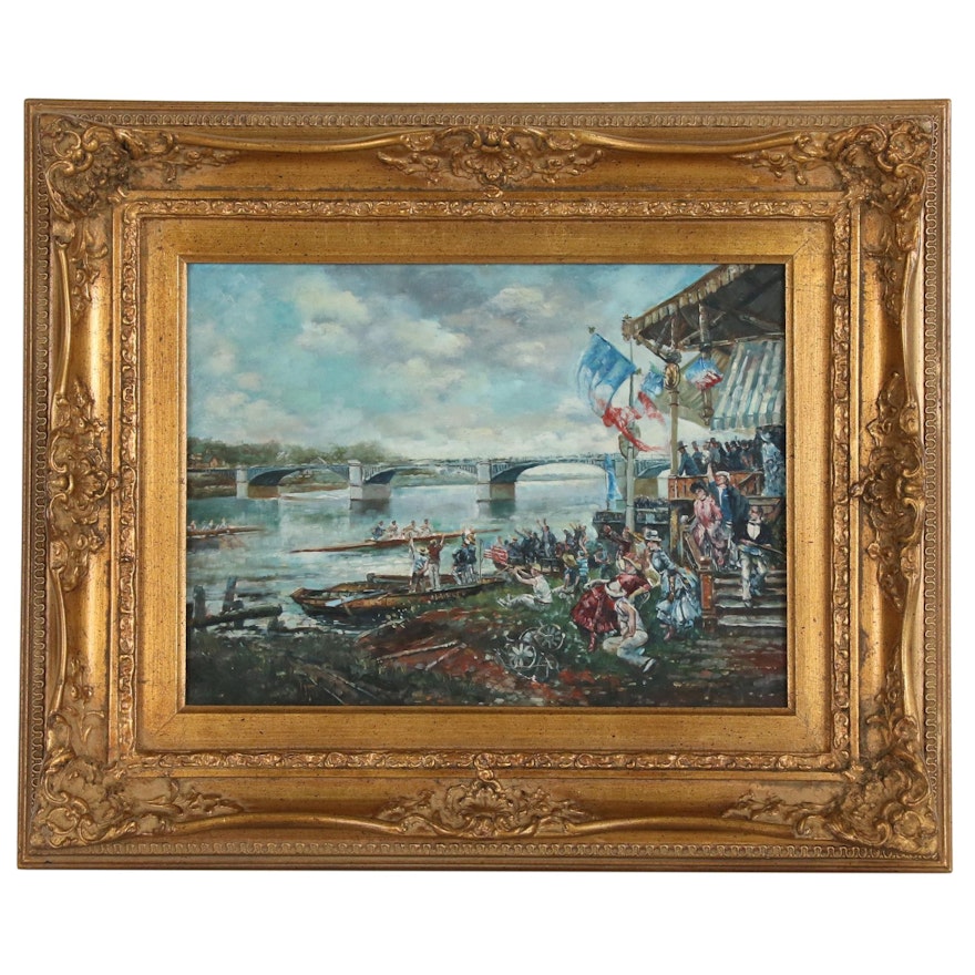 Genre Oil Painting of Rowing Competition