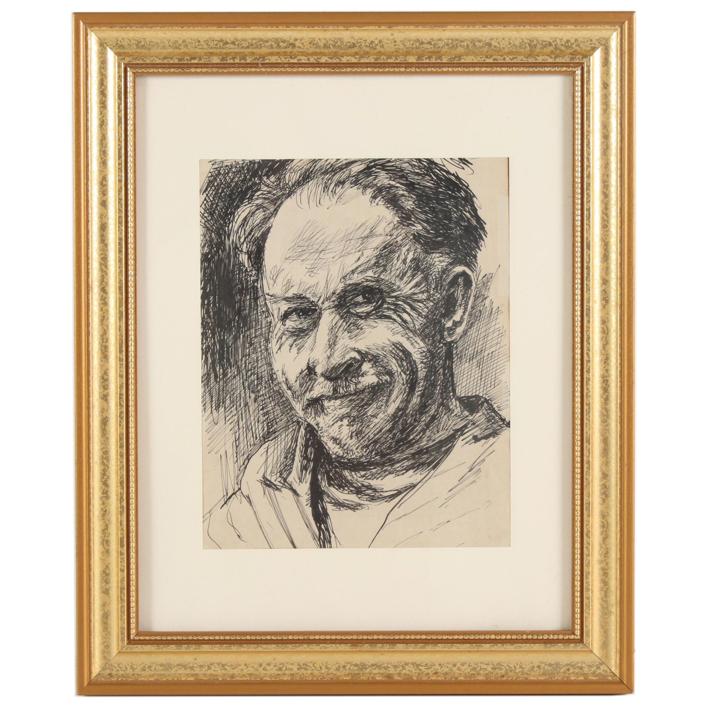Self-Portrait Ink Drawing Attributed to Emerson Burkhart, Mid-20th Century