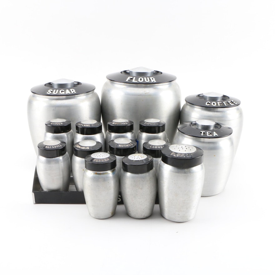Kromex Spun Aluminum Kitchen Canisters and Spice Jars, 20th Century