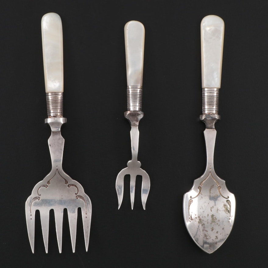 Victorian Mother-of-Pearl Handled Silver Plate Utensils, Early 20th Century