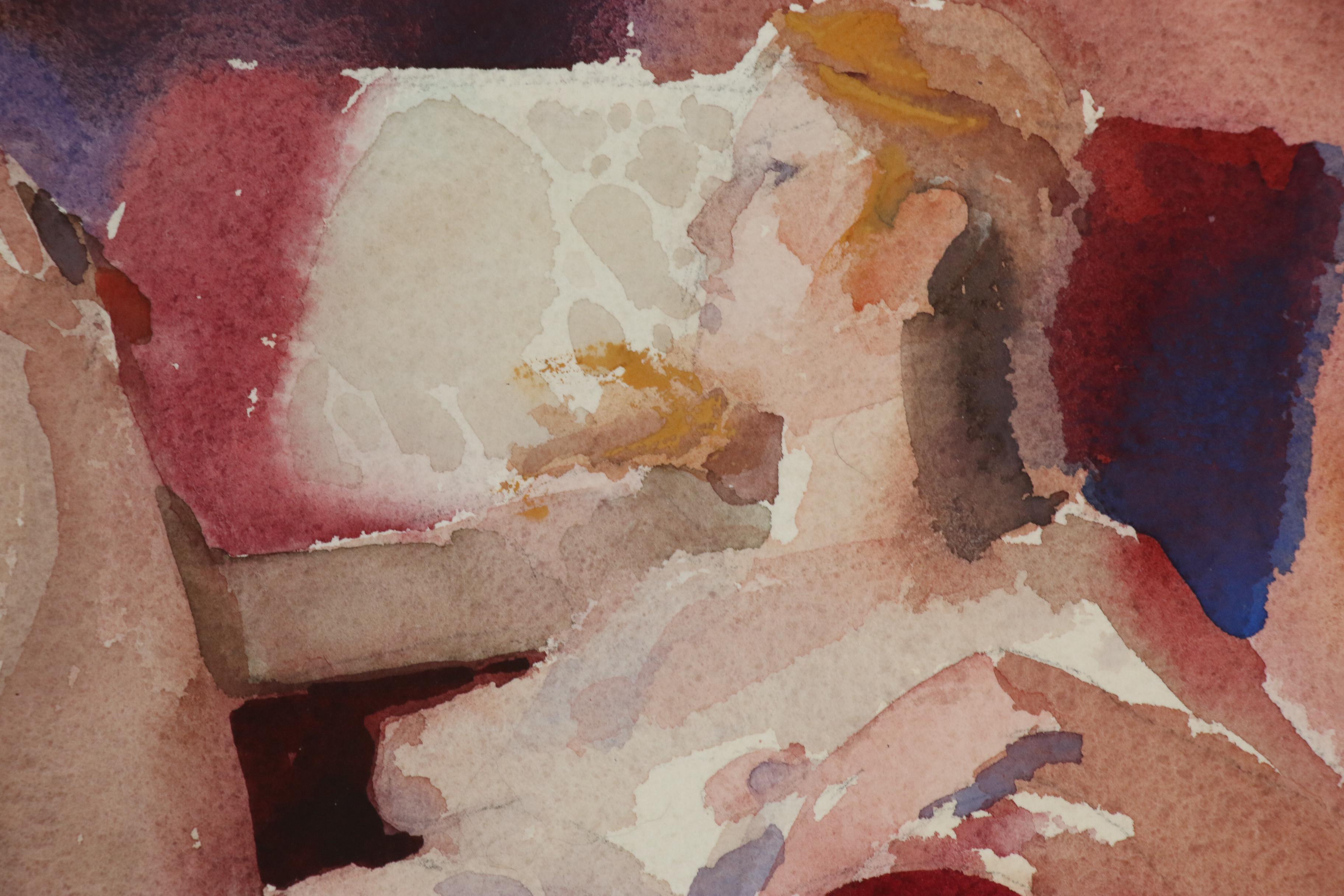 Figural Watercolor Painting of Seated Female Nude