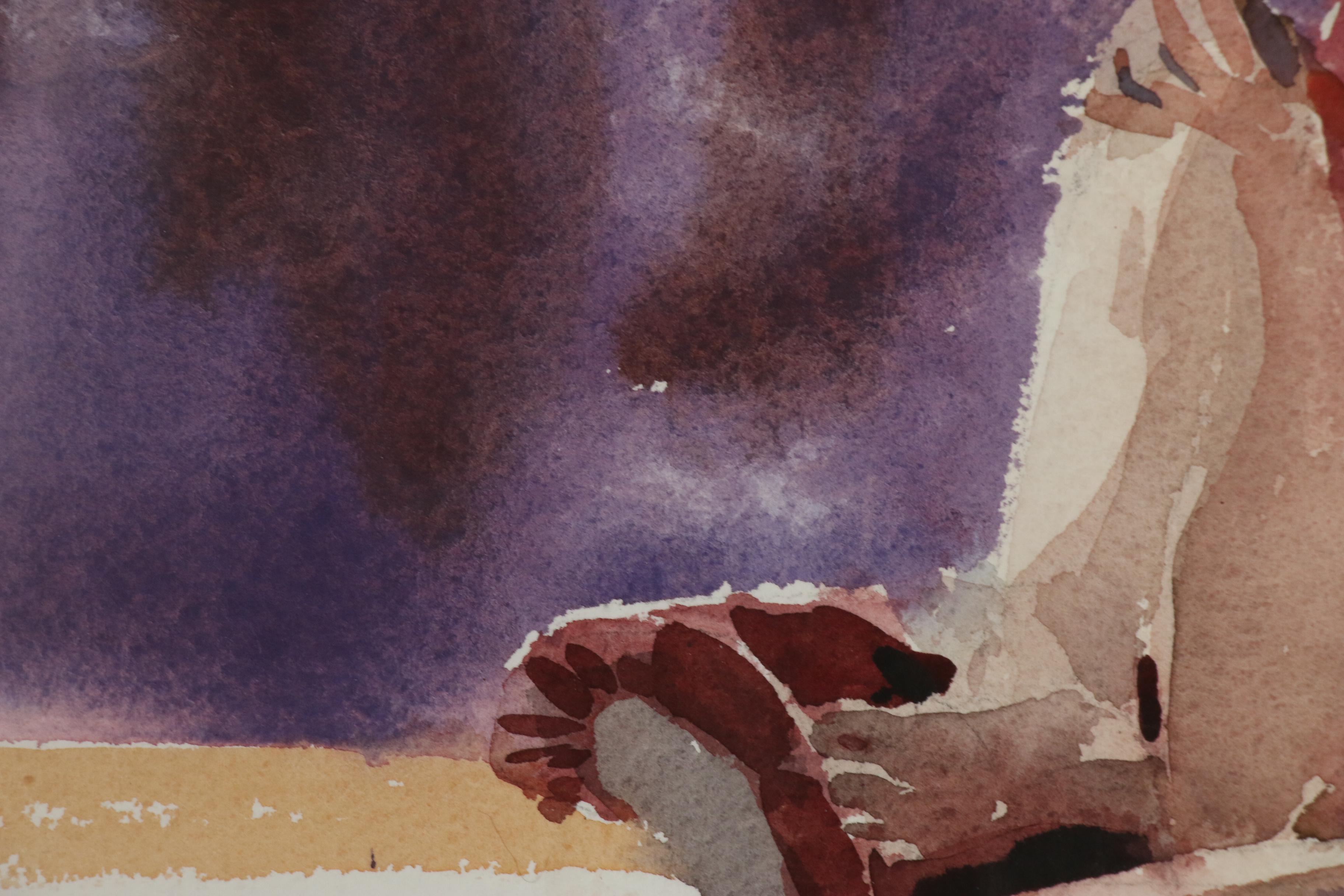 Figural Watercolor Painting of Seated Female Nude