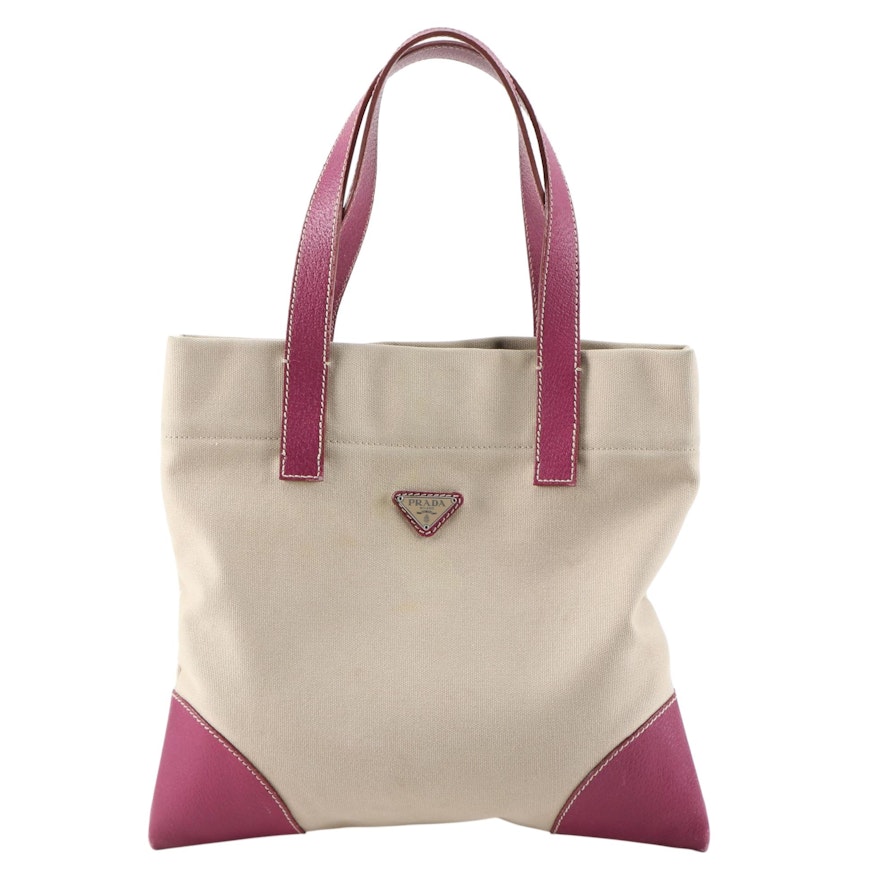 Prada Small Tote in Beige Canvas with Contrast Stitched Magenta Leather Trim