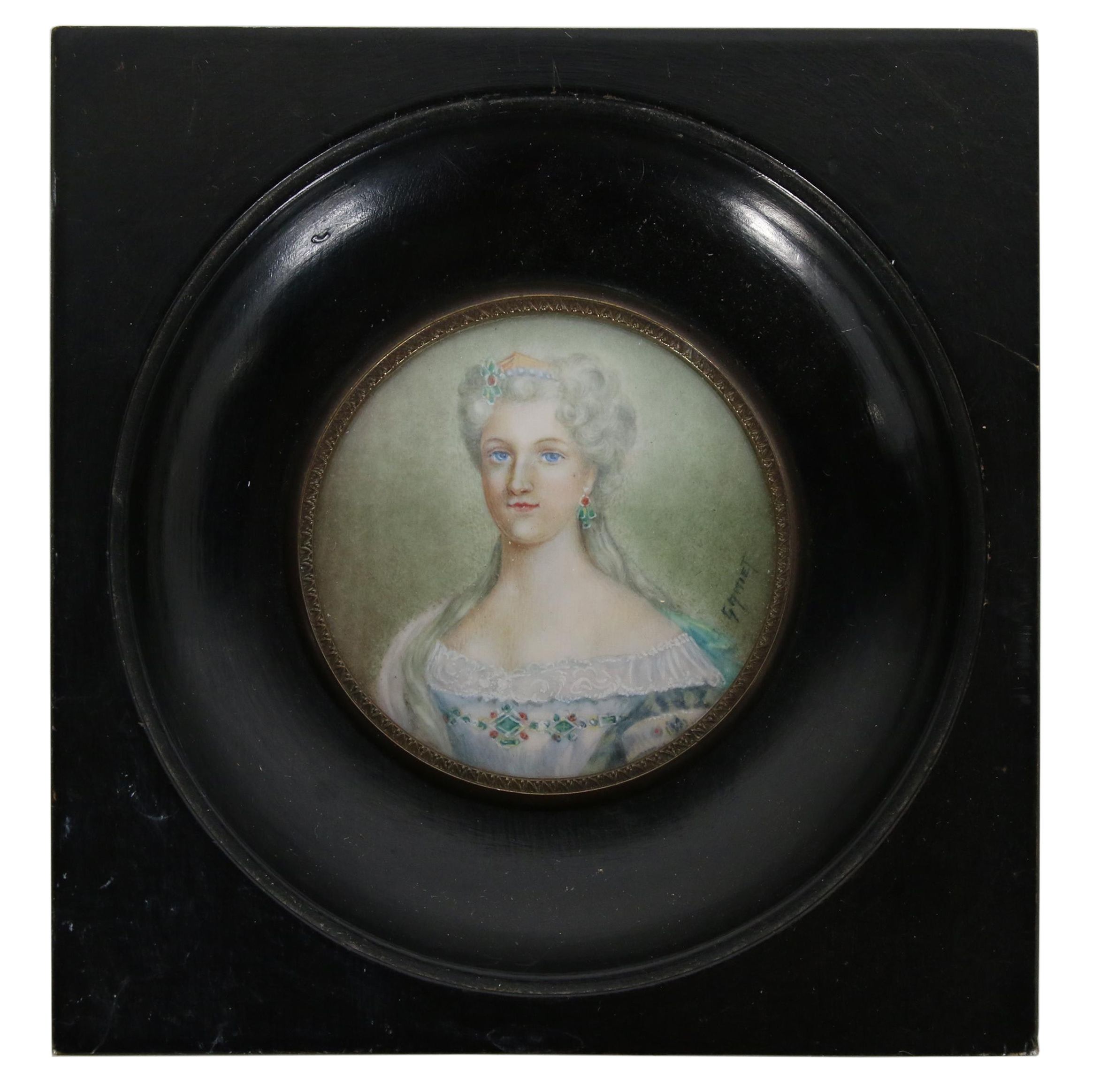 Gamet French School Hand-Painted Miniature Portrait on Resin, Early 20th Century