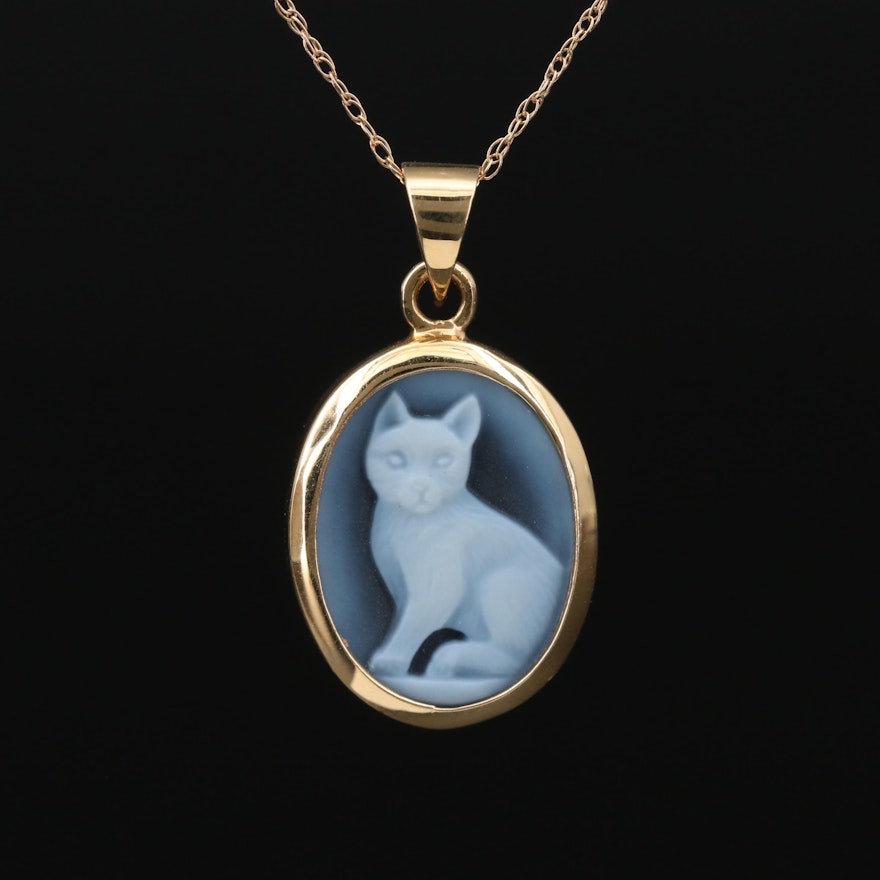 14K Gold Carved Onyx Cat Cameo Necklace