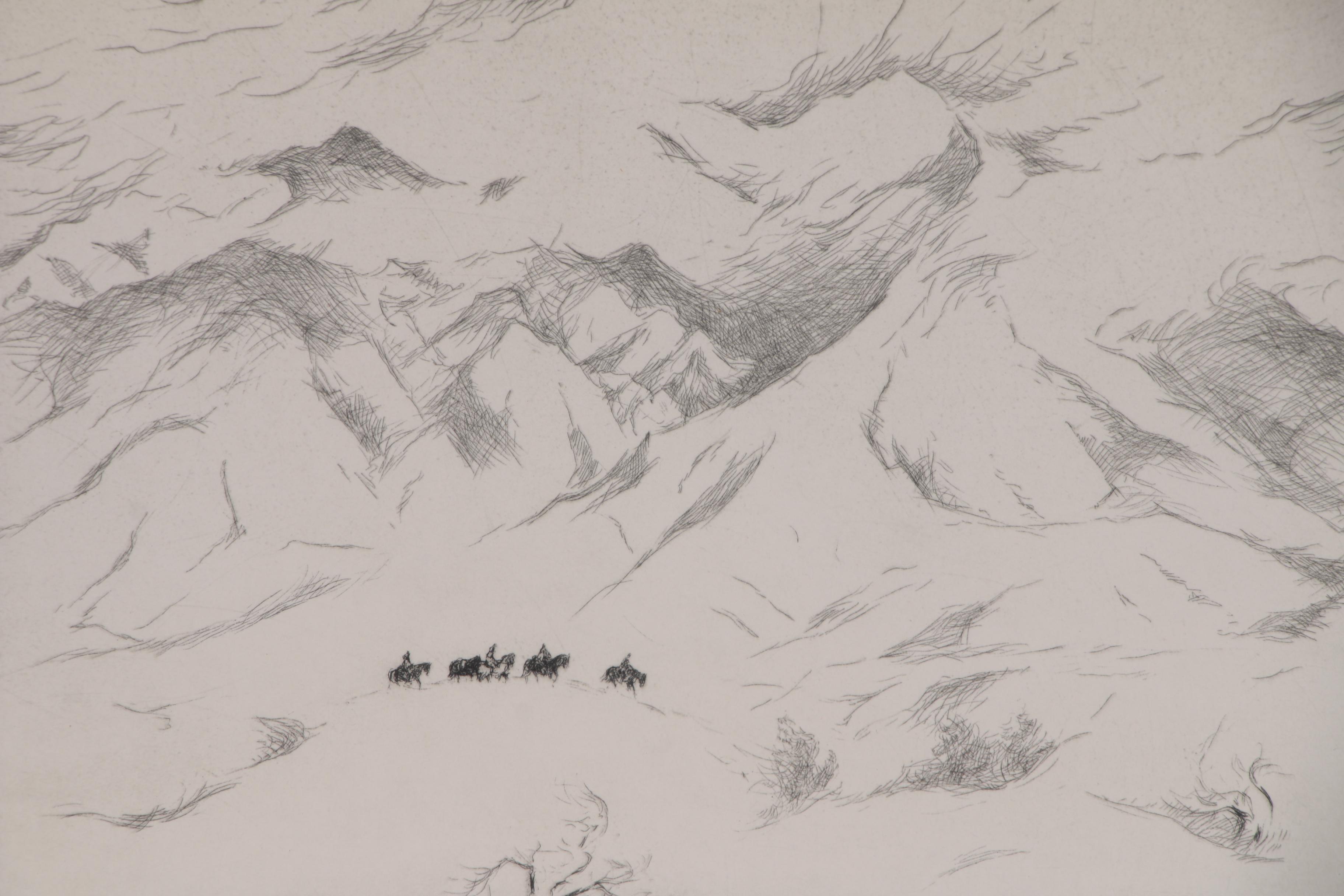 Gene Kloss Drypoint Etching "Hunters in the Snow"