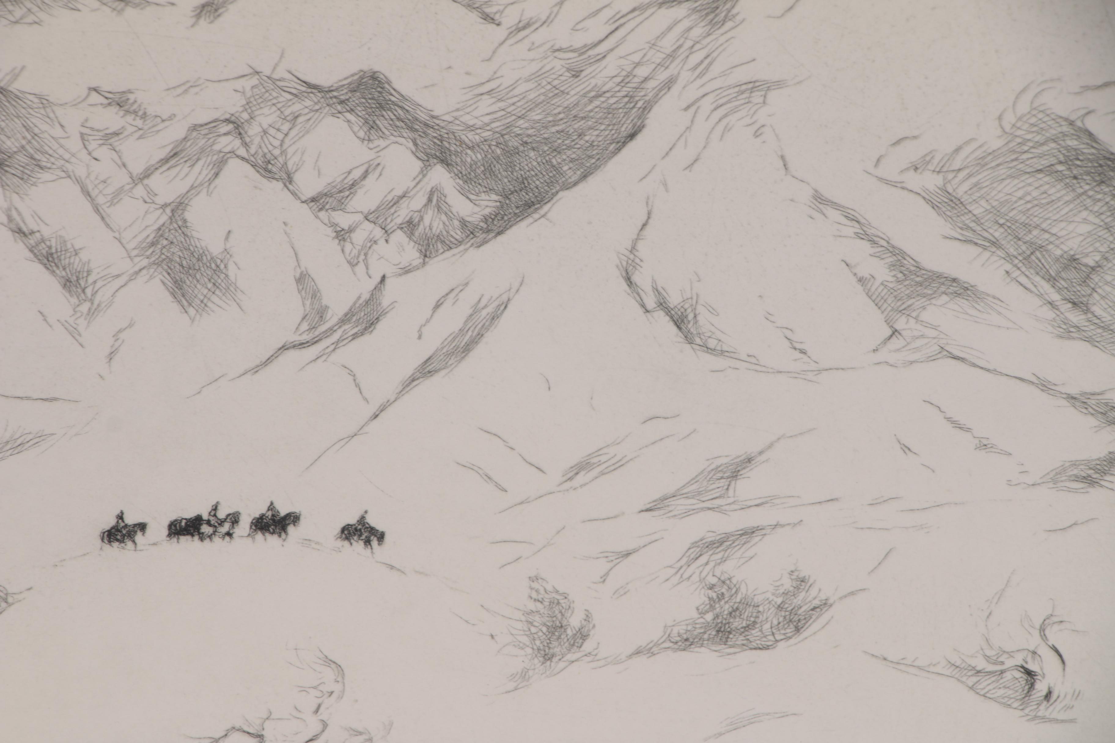 Gene Kloss Drypoint Etching "Hunters in the Snow"