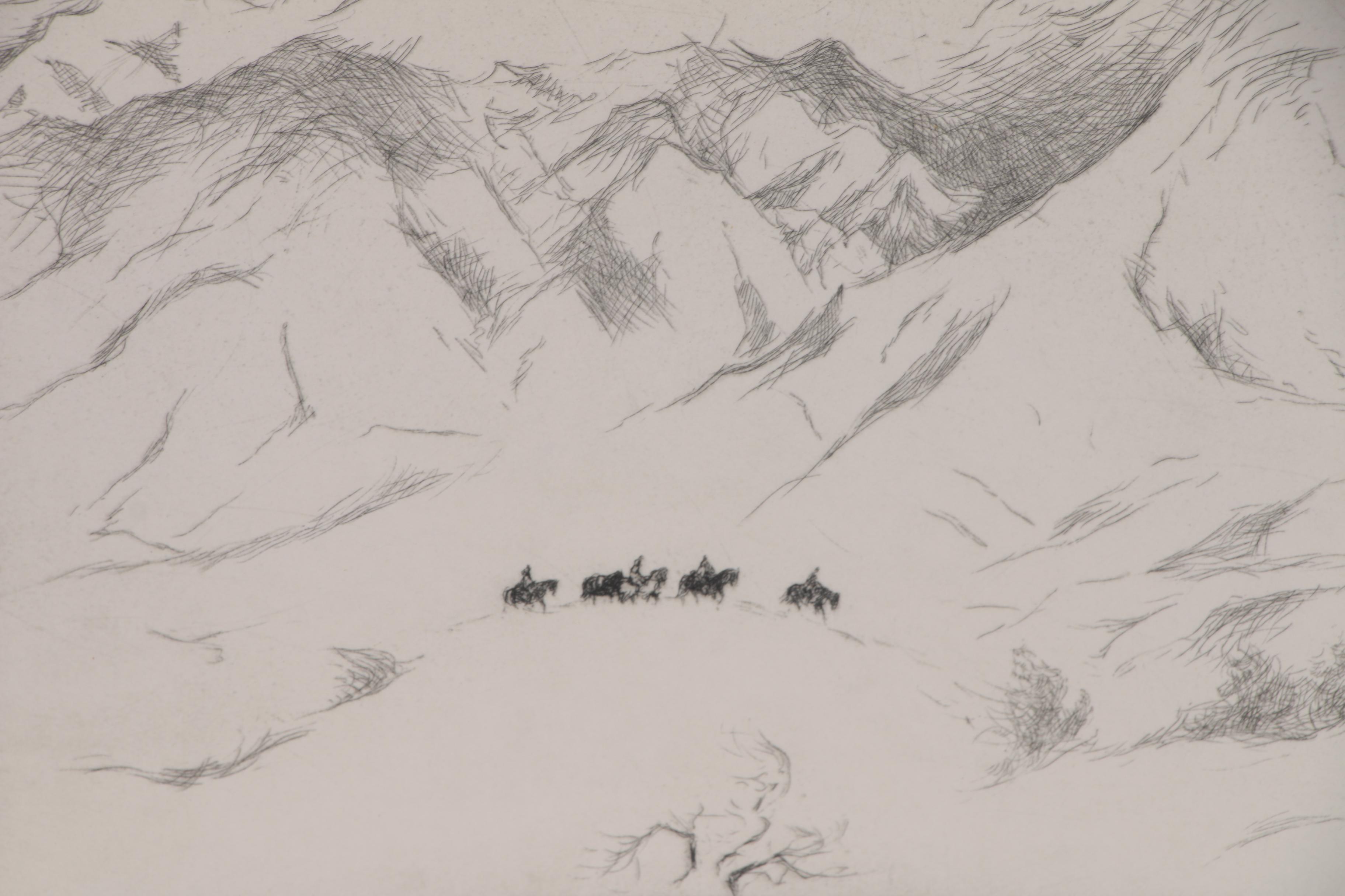 Gene Kloss Drypoint Etching "Hunters in the Snow"