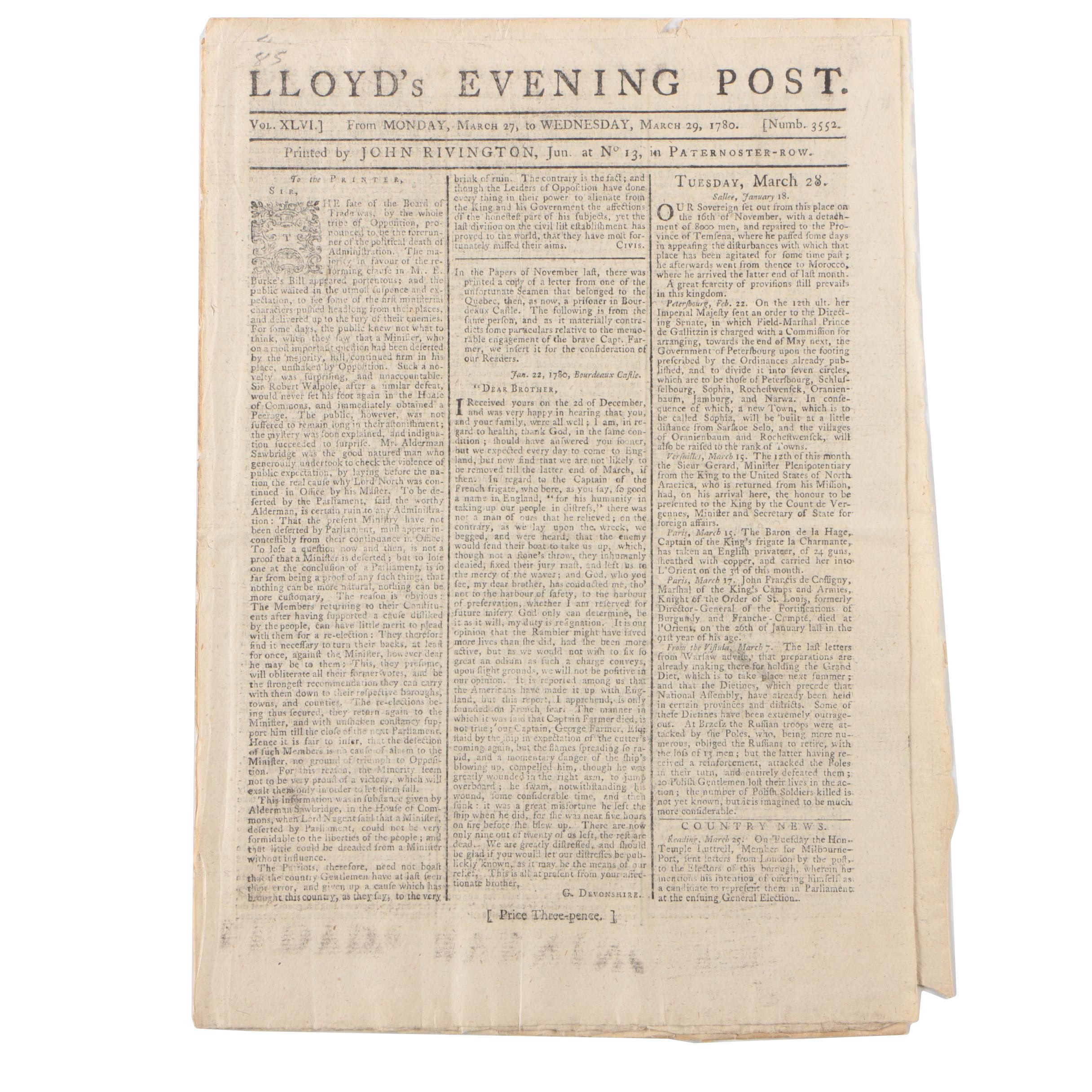 "Lloyd's Evening Post" with Reports on American Revolutionary War, 29 March 1780