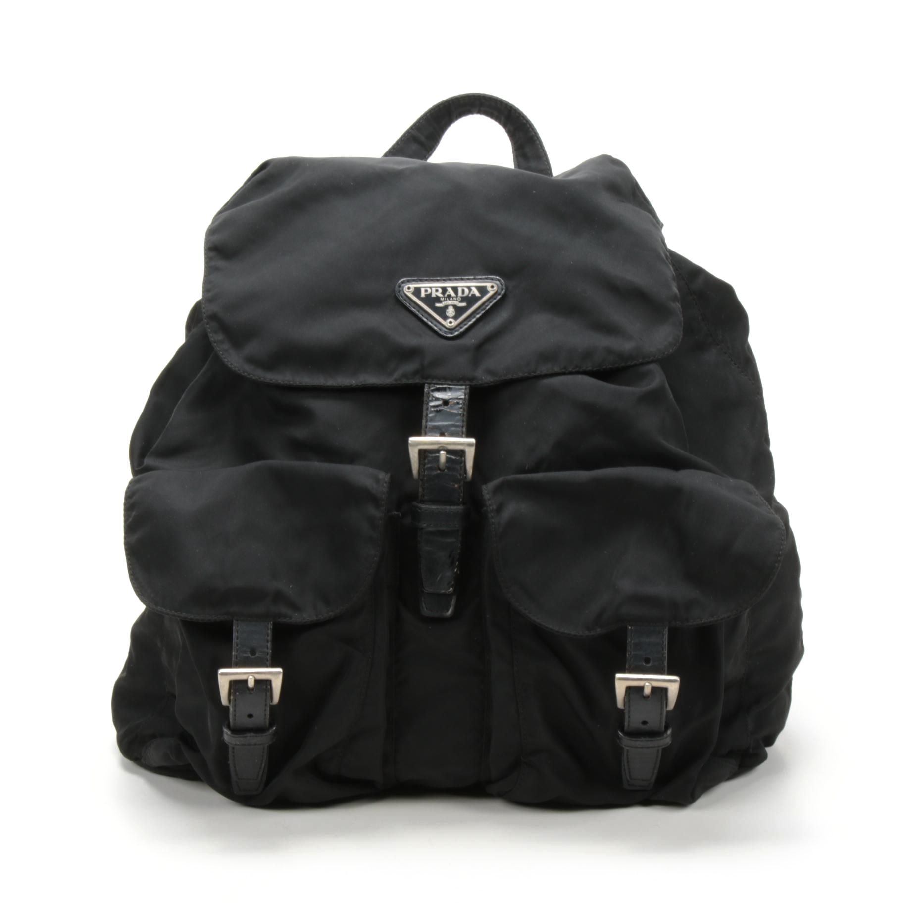 Prada Black Tessuto Nylon and Leather Backpack Purse