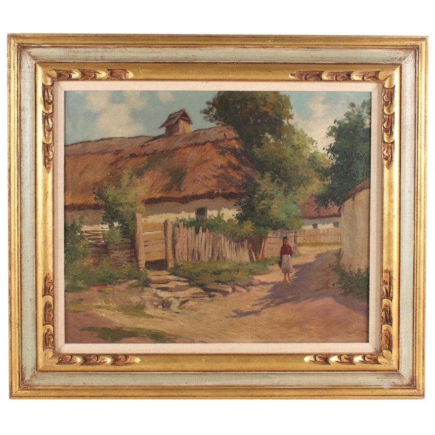 Oil Painting of Village Road, Early-Mid 20th Century