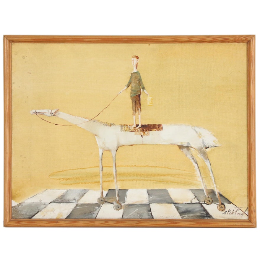 Folk Art Oil Painting of Figure on Horse