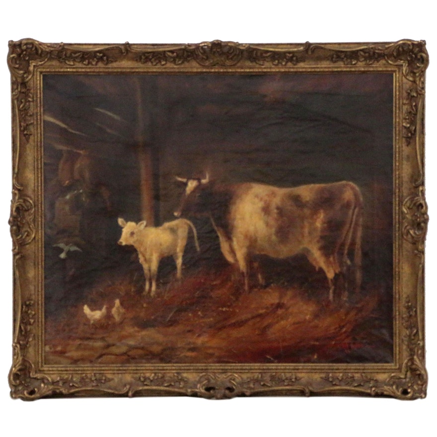 Academic Style Barn Scene Oil Painting, Late 19th Century