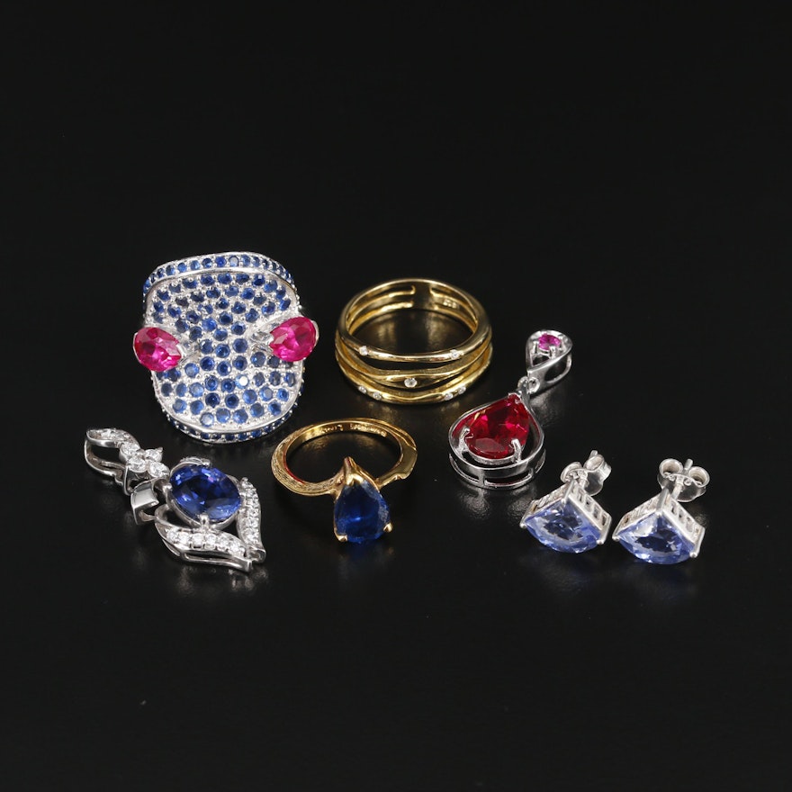 Sterling Silver Jewelry Including Synthetic Spinel and Synthetic Ruby