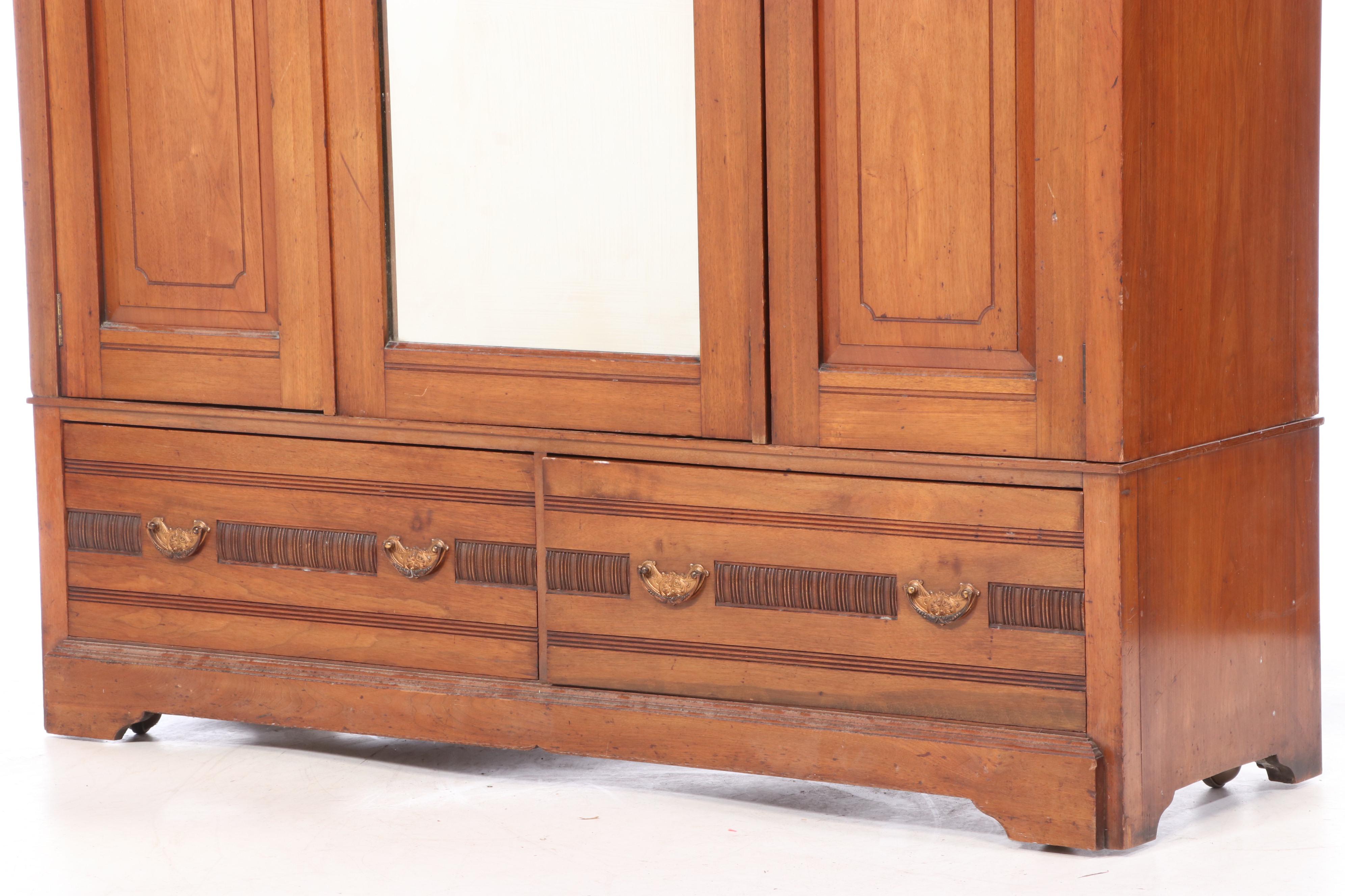 T. Simpson & Sons Victorian Eastlake Walnut Wardrobe, Late 19th Century