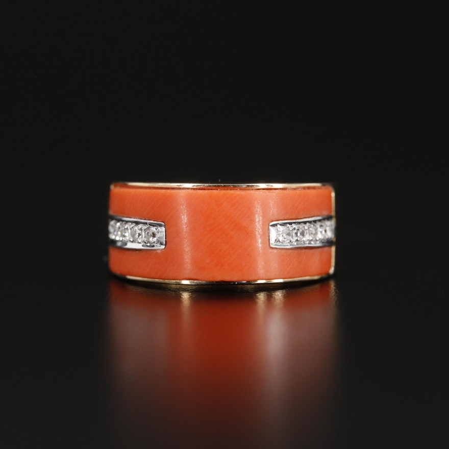 14K Yellow Gold Coral and Diamond Ring