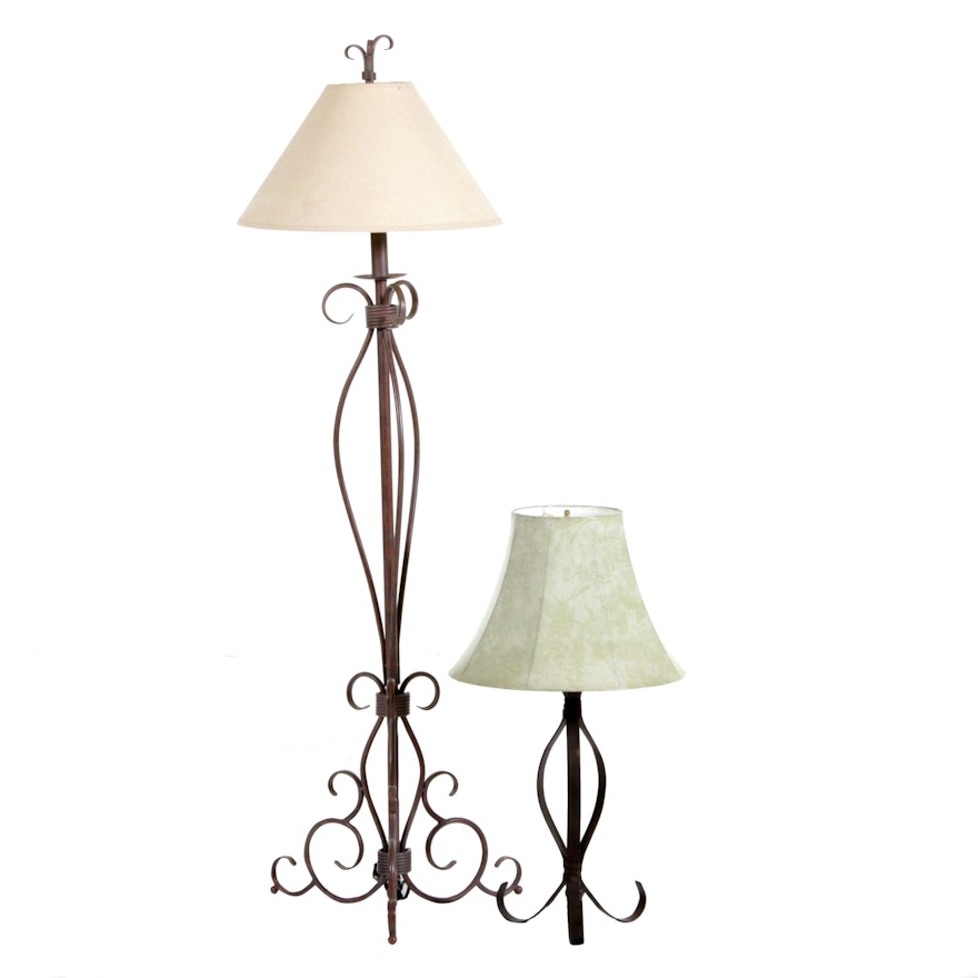 Scrolled Metal Floor and Table Lamps, Contemporary