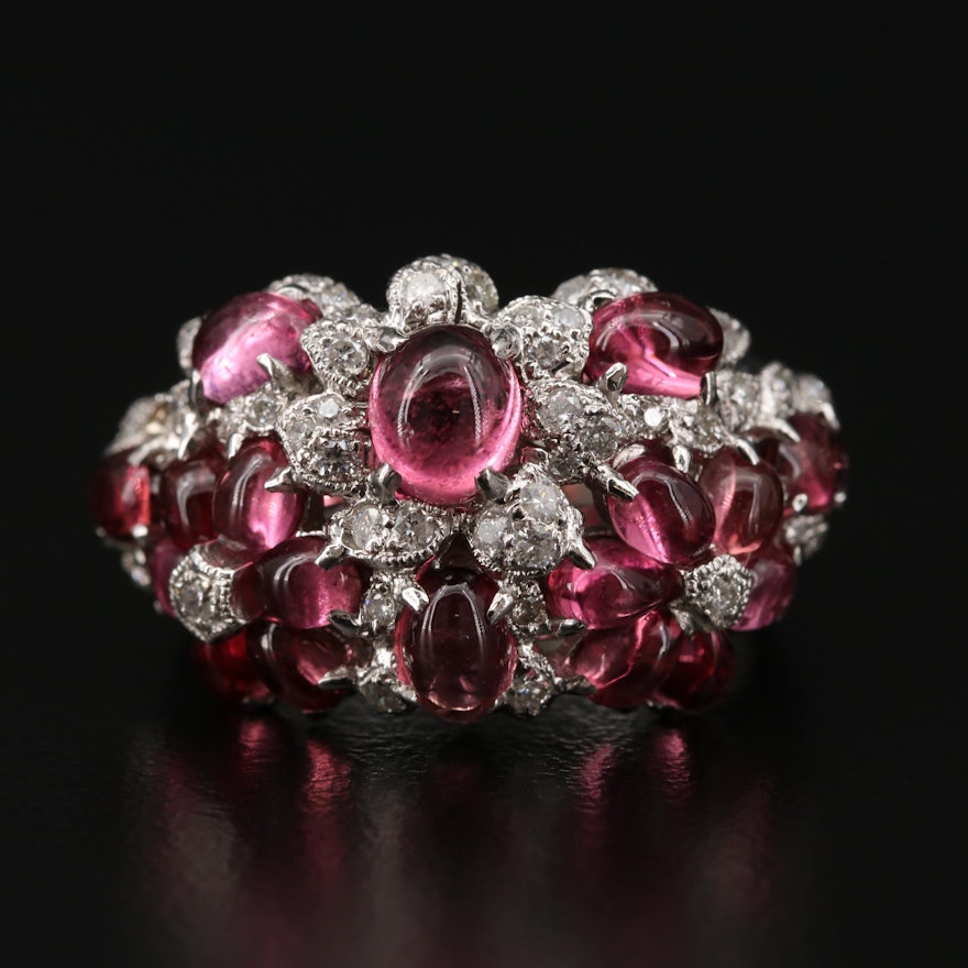 14K White Gold Tourmaline and Diamond Floral Cluster Ring