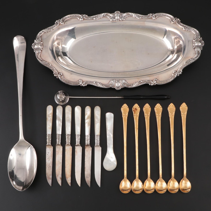 Gorham Sterling Silver Snuffer with Other Silver Plate Serveware and Utensils